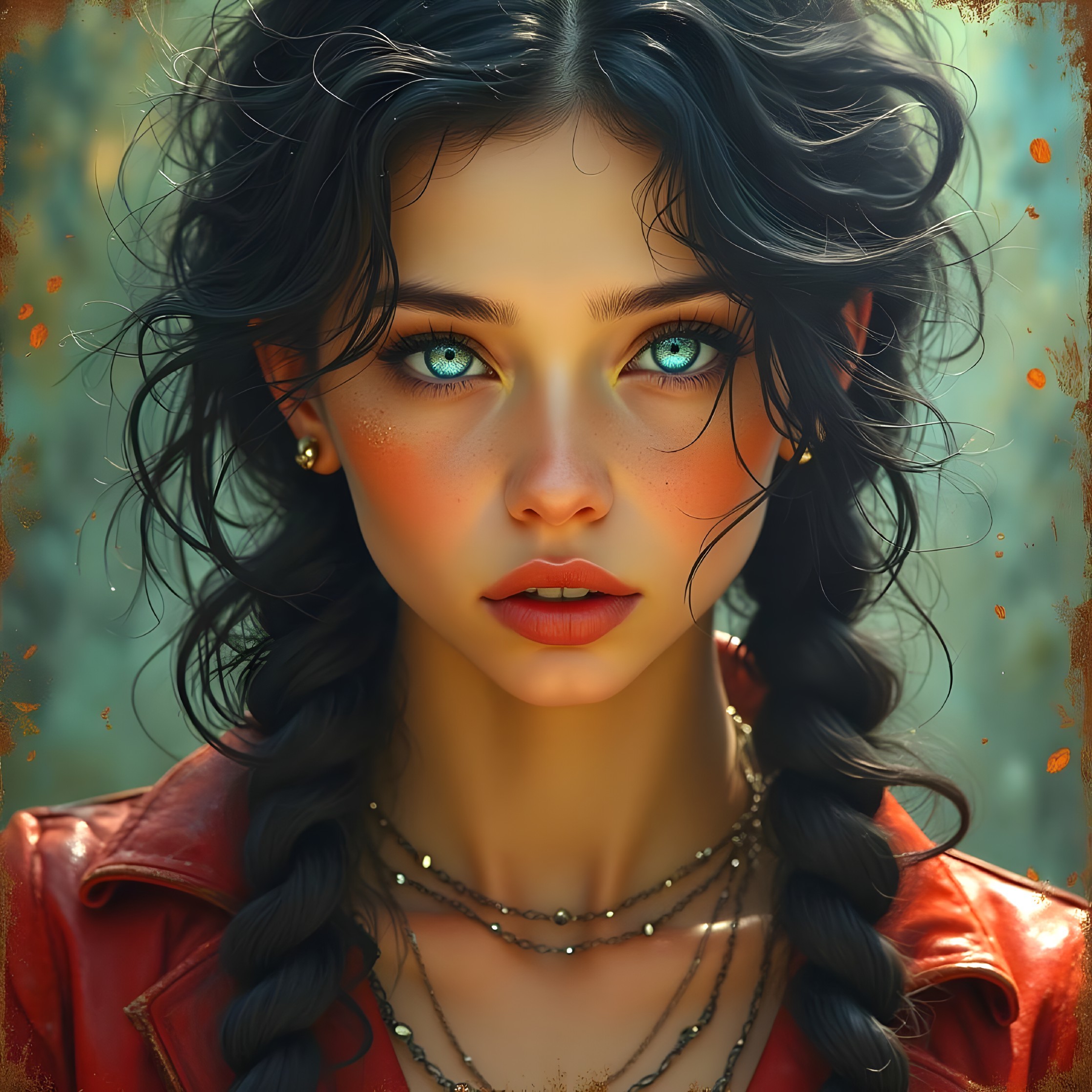 Portrait of a Young Woman with Blue Eyes and Braids