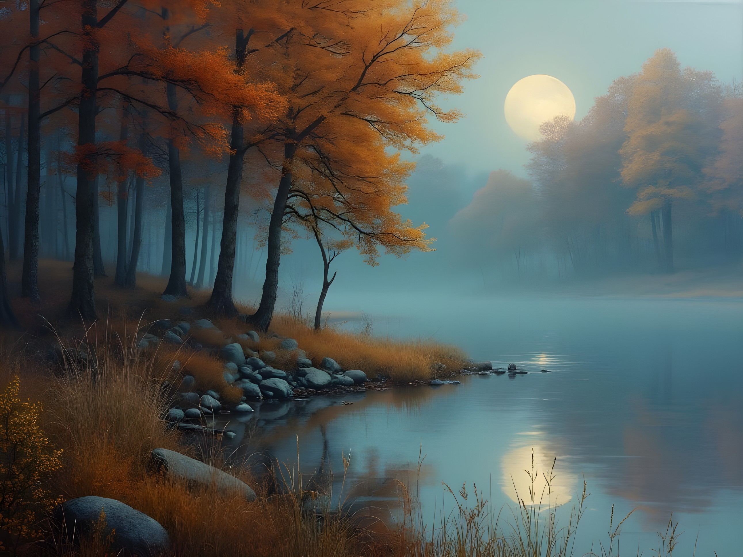 Autumn Landscape with Foggy Riverbank and Golden Leaves