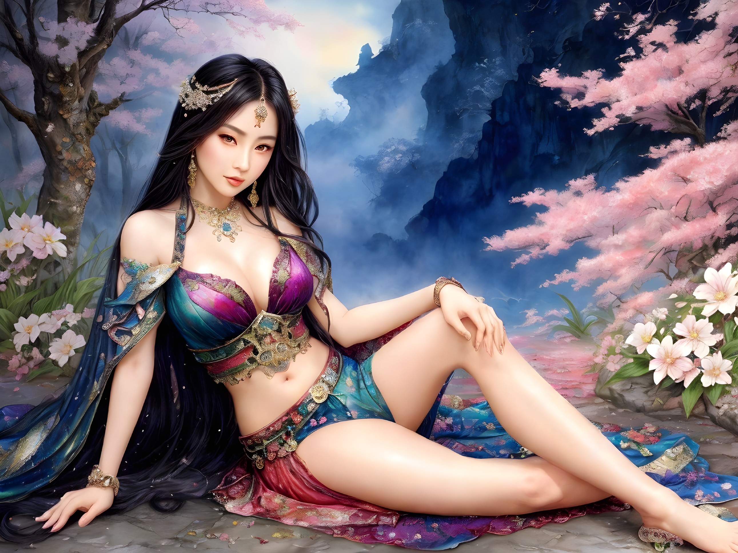 Fantasy Scene of a Woman Among Cherry Blossoms