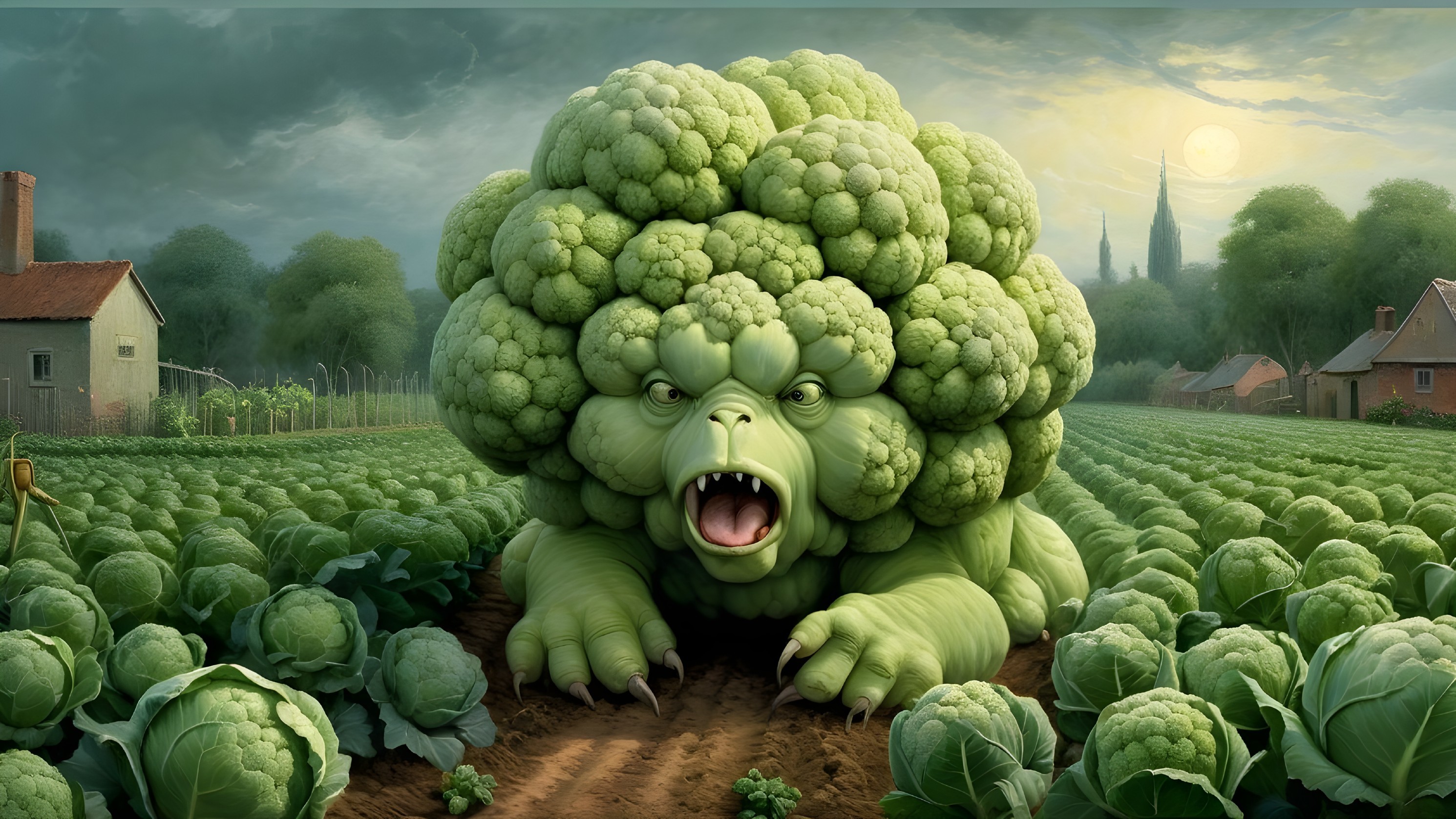 Surreal Landscape with Broccoli Creature and Cabbages