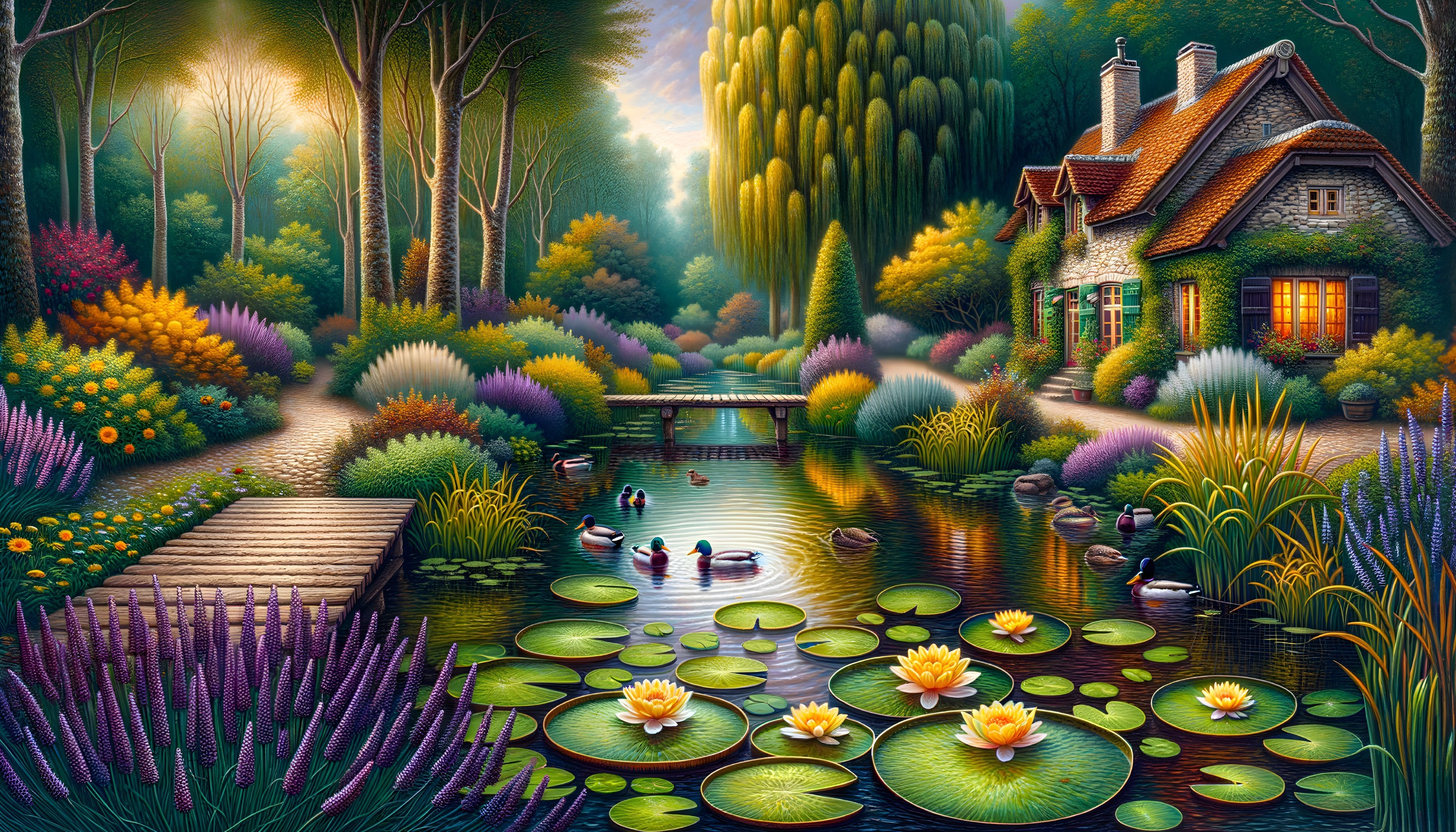 Serene Garden Scene with Cottage and Reflective Pond