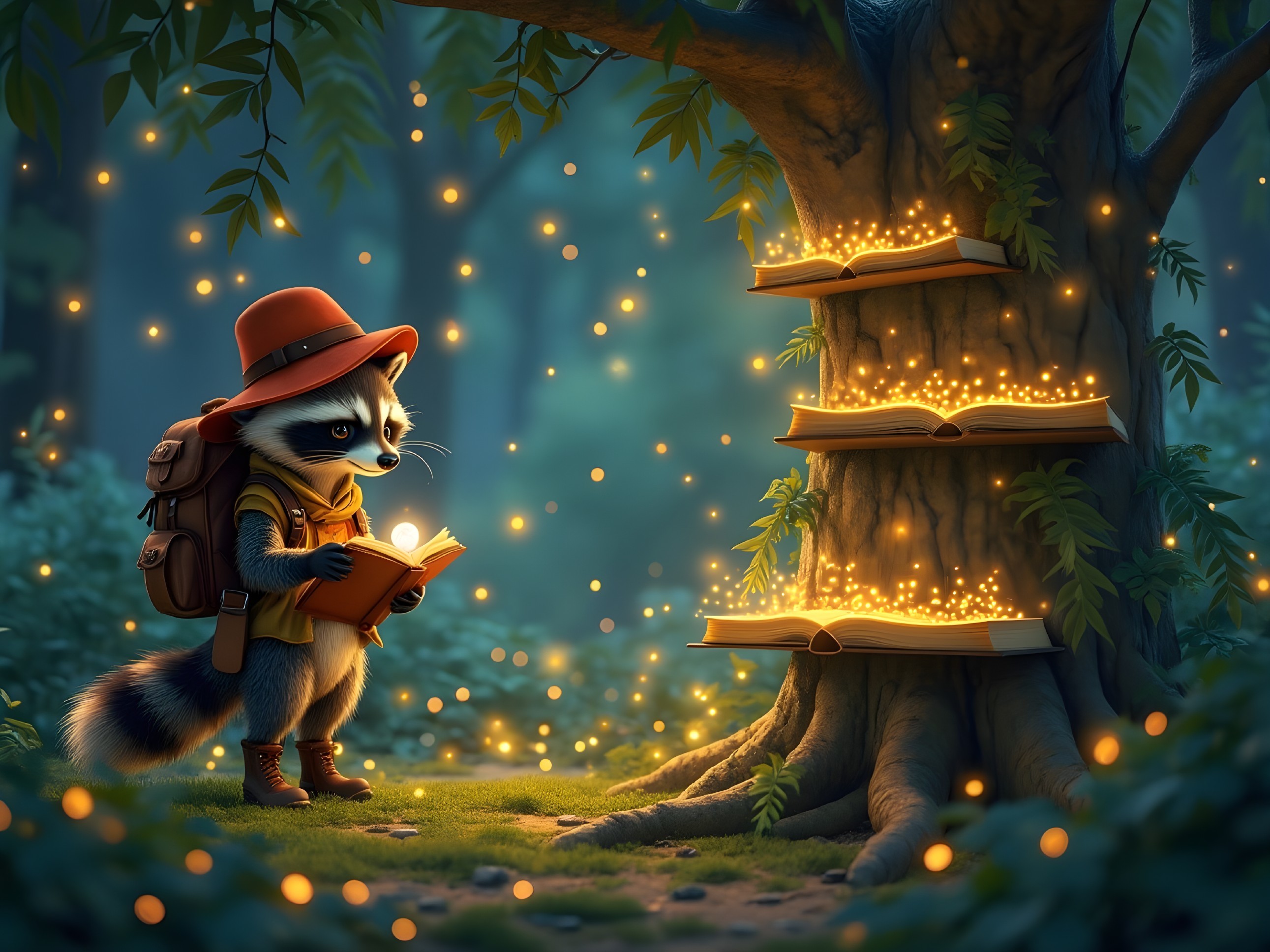 Raccoon in Red Hat Amid Glowing Books in Forest