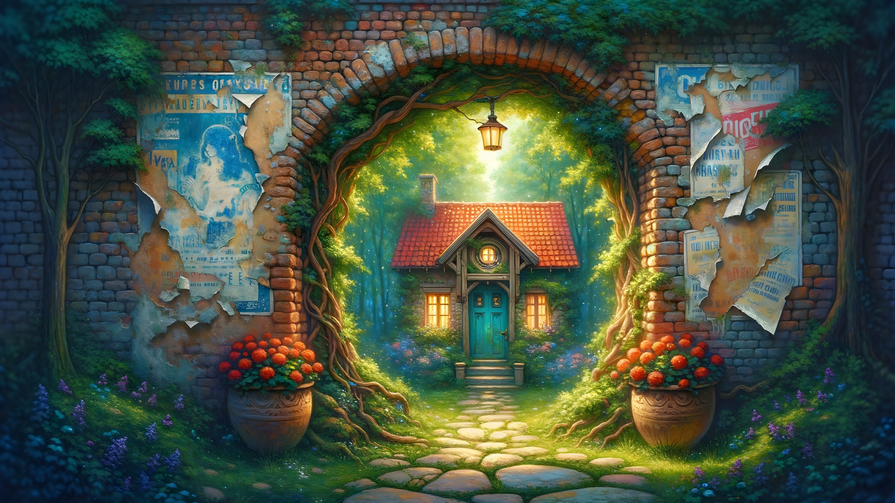 Whimsical cottage with ivy entrance and vibrant flowers