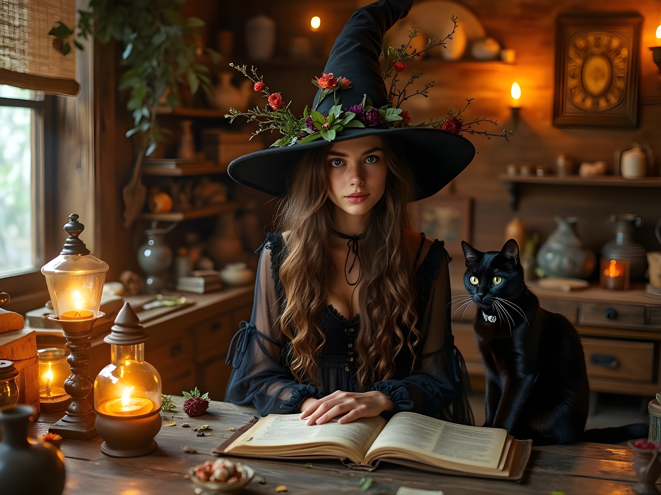 Young woman in witch's hat reading by candlelight