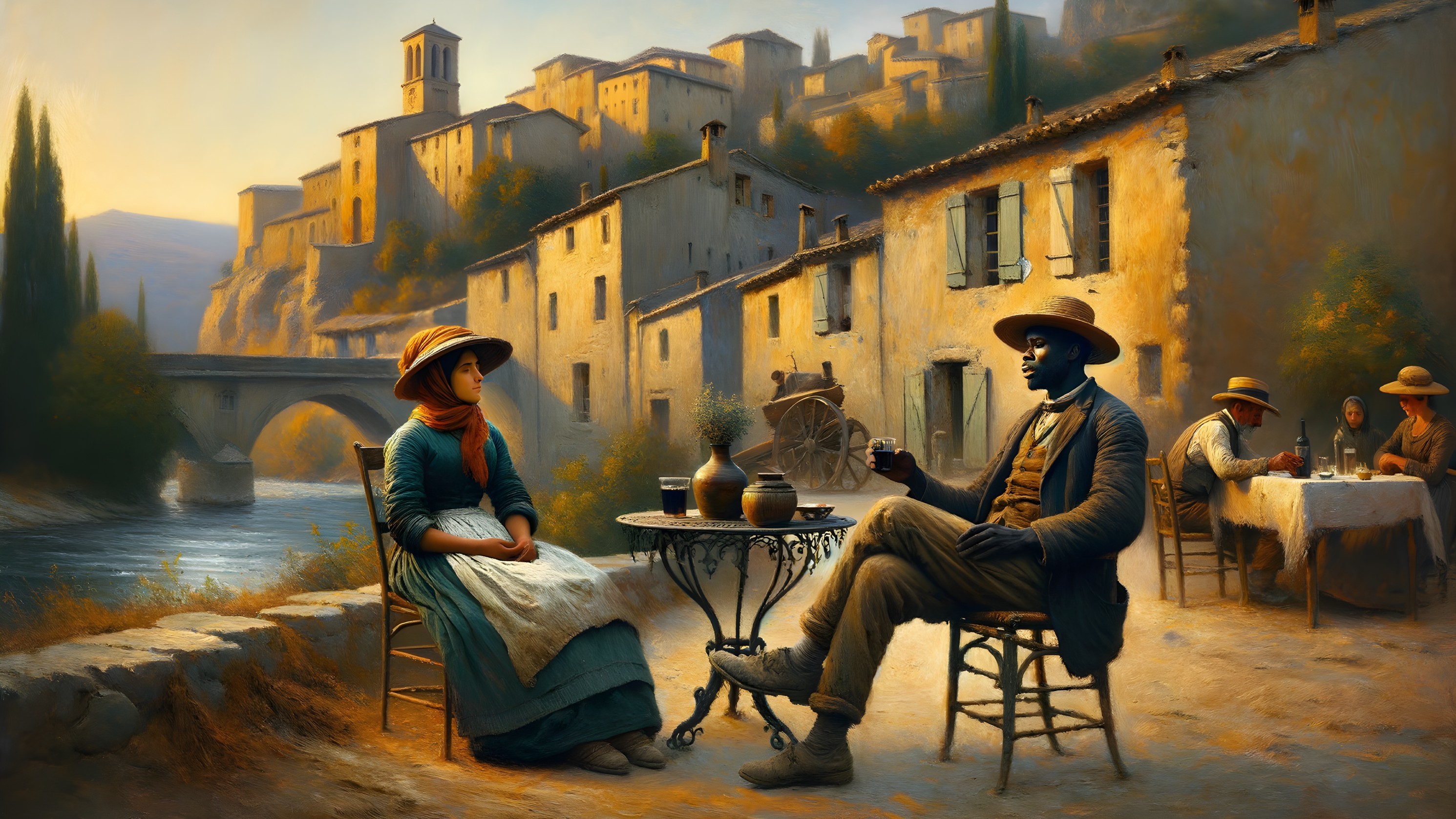 Riverside Conversation in 19th-Century Attire