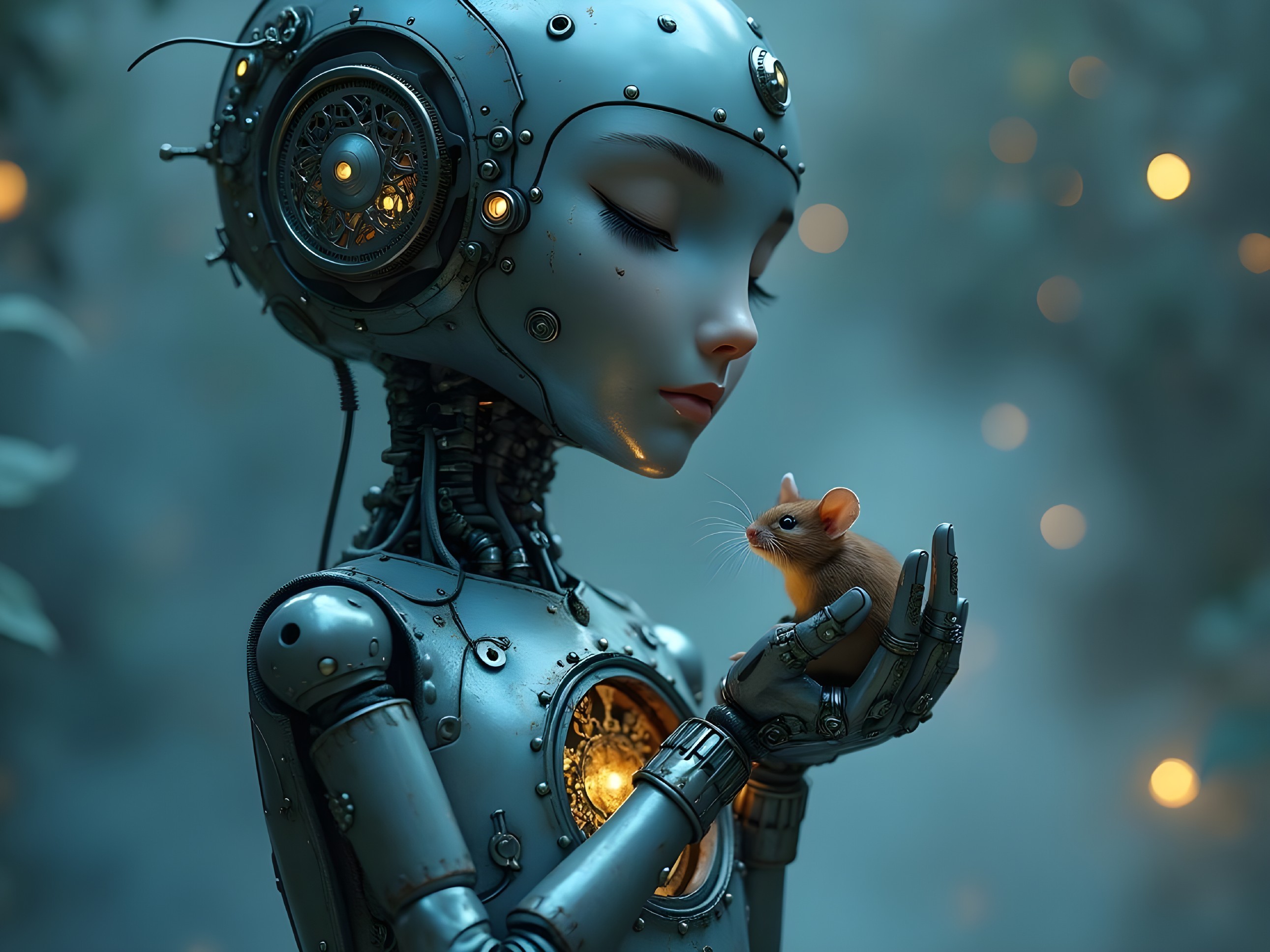 Futuristic Robot Cradling a Mouse in Misty Setting