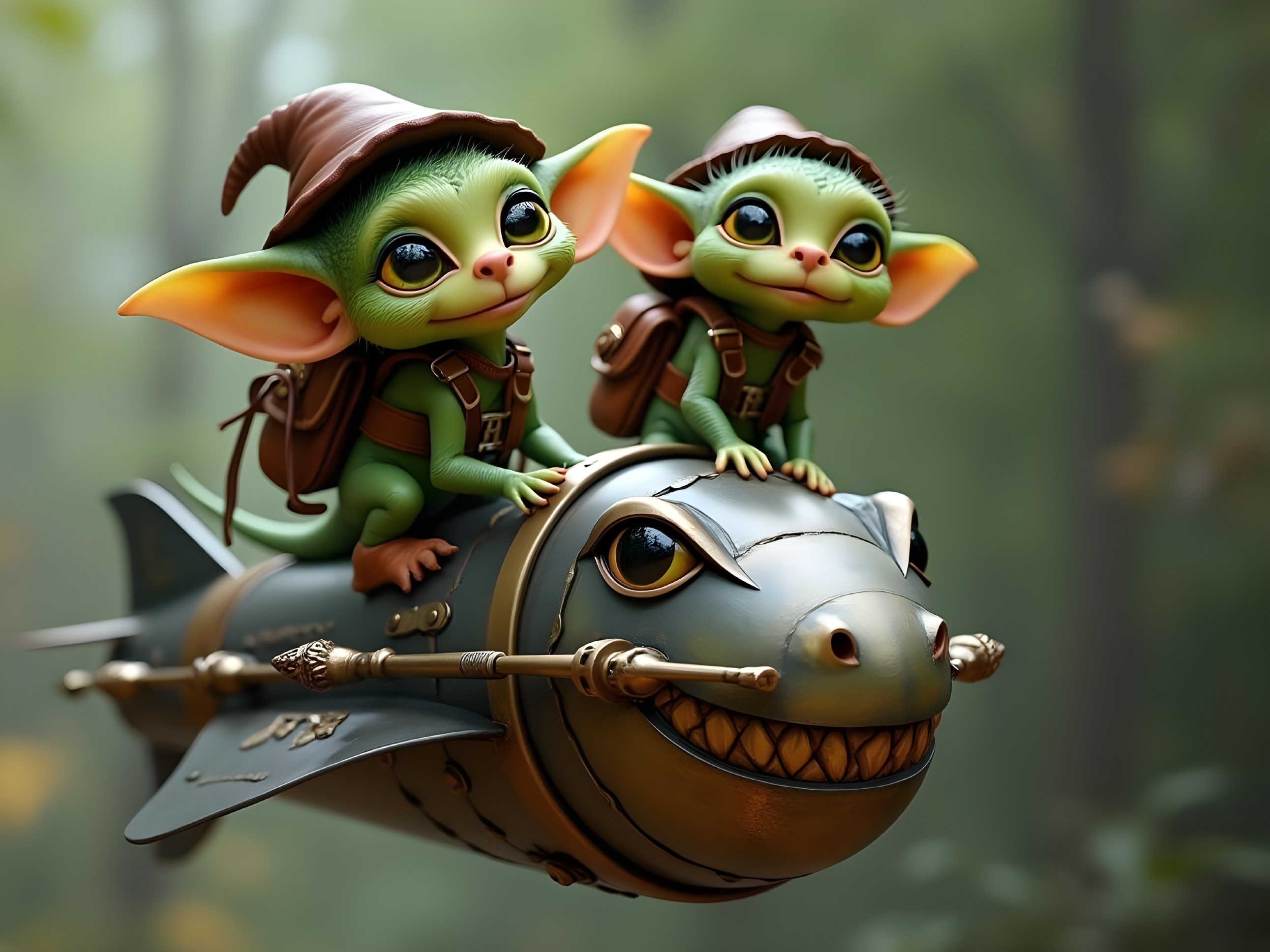 Whimsical Creatures Riding a Cartoonish Fish in Forest