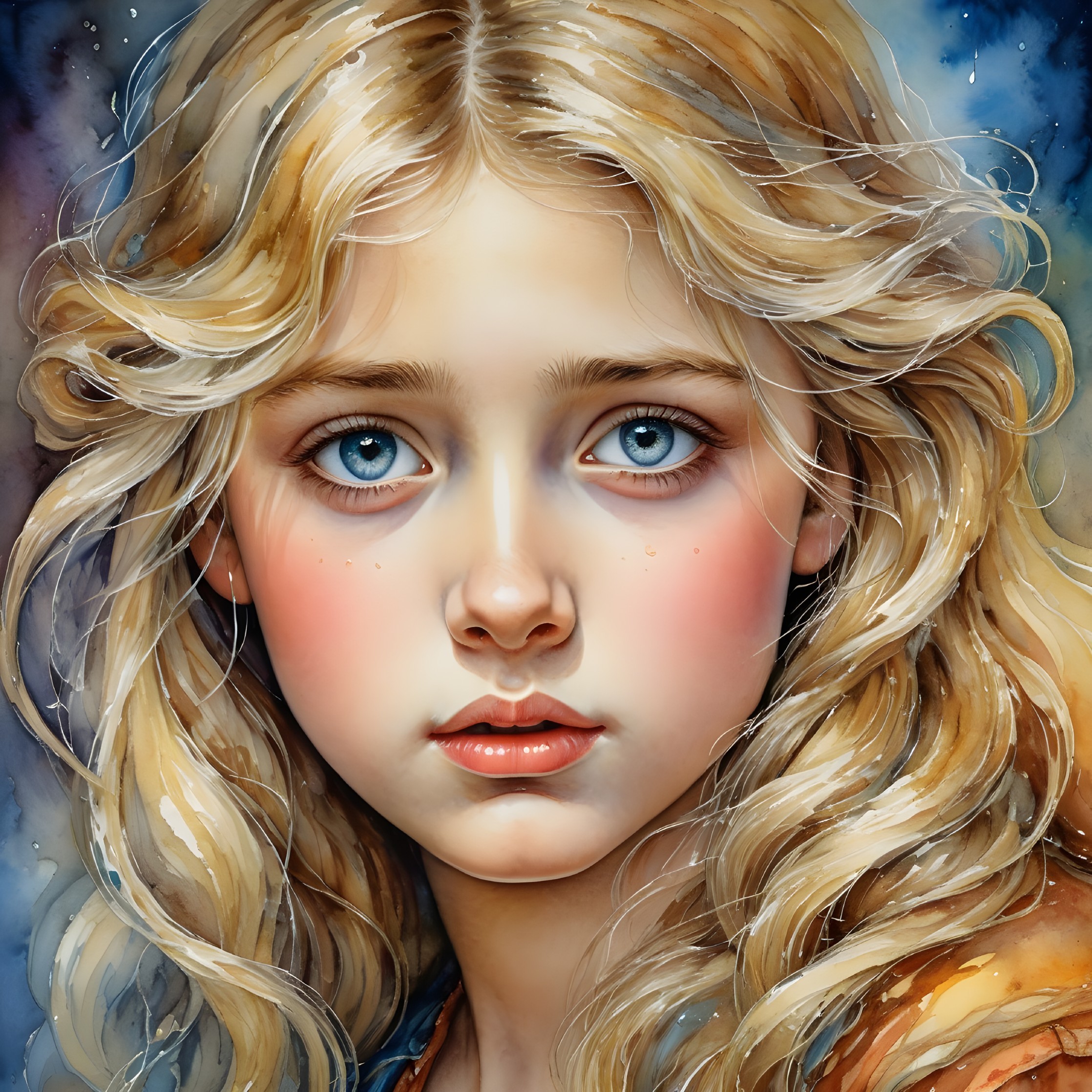 Portrait of a Young Girl with Blonde Hair and Blue Eyes