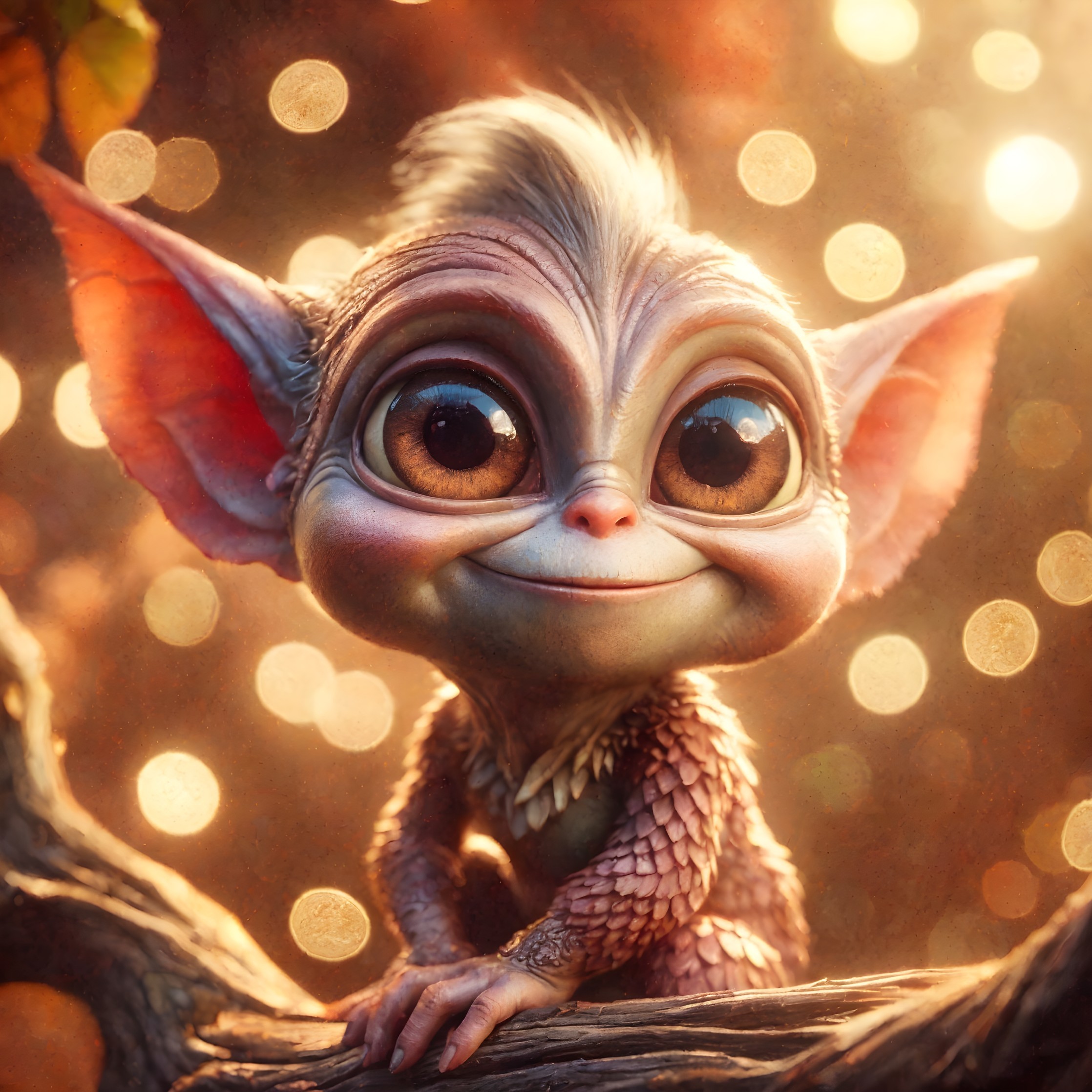 Whimsical animated creature on tree branch in golden bokeh-lit setting