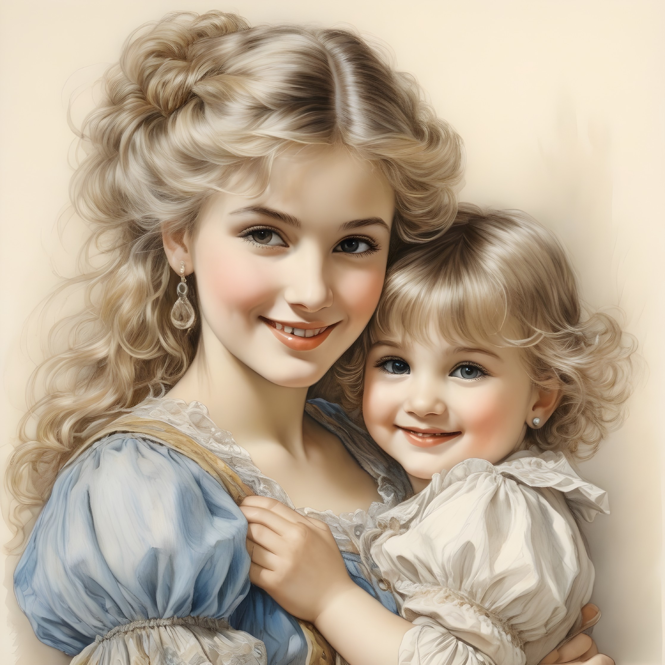 Joyful Young Woman and Girl in Light Blue Dress