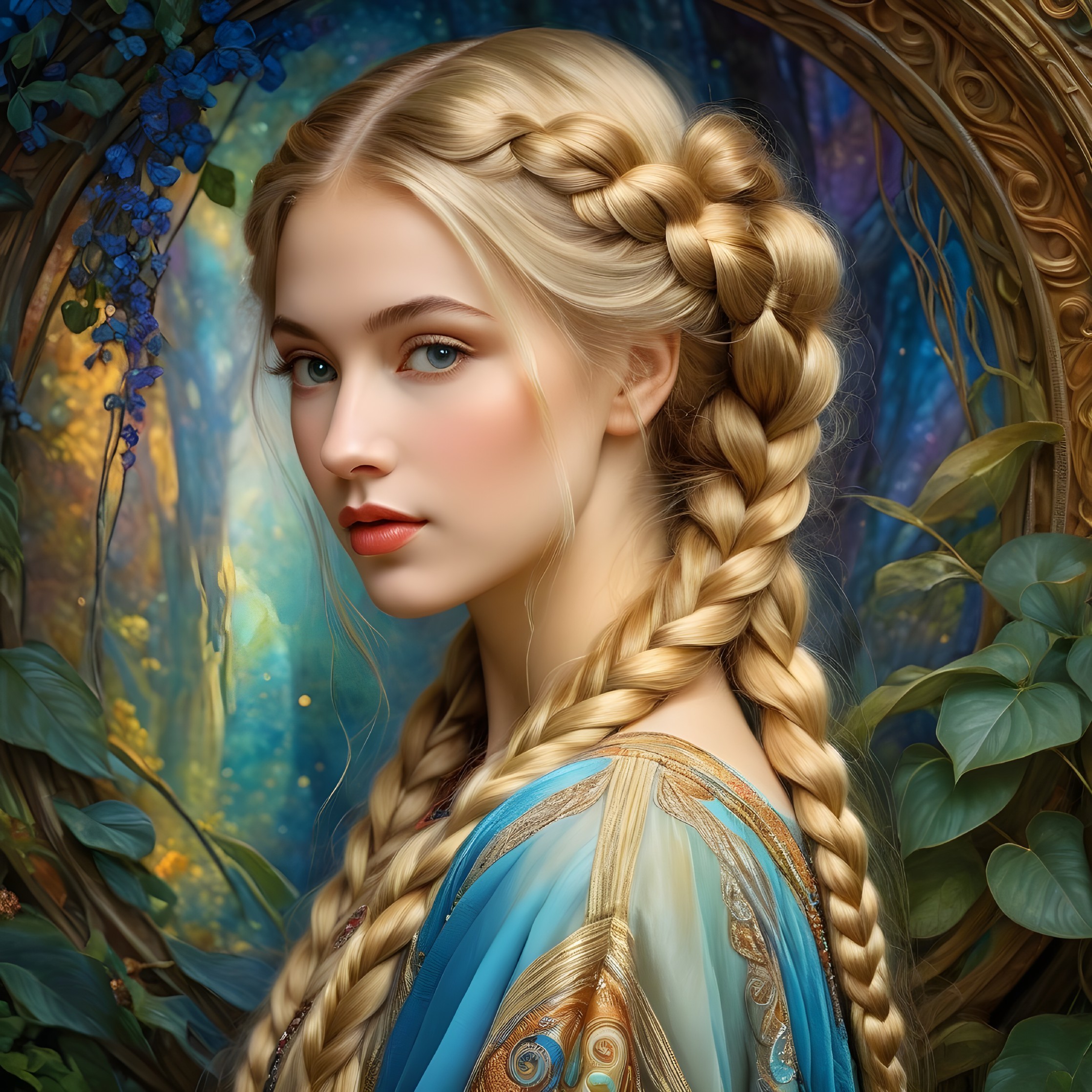 Young Woman with Braided Hair in Mystical Forest