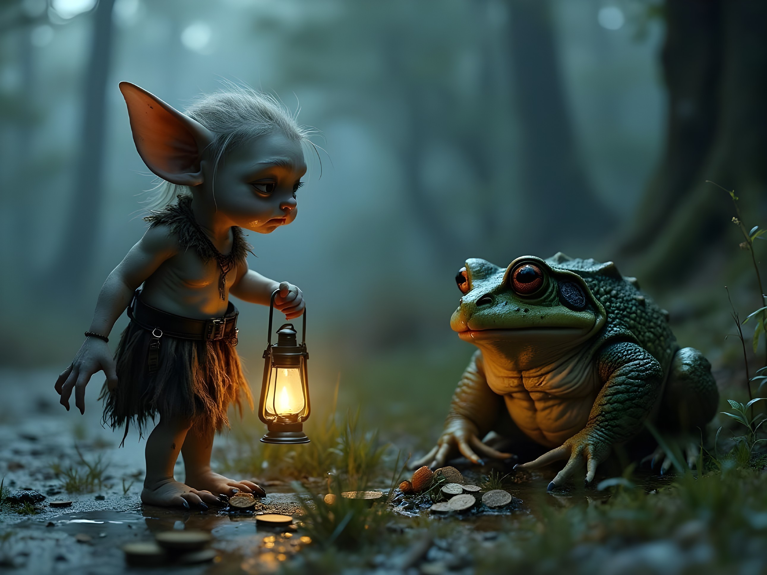 Goblin with Lantern and Frog in Mystical Forest