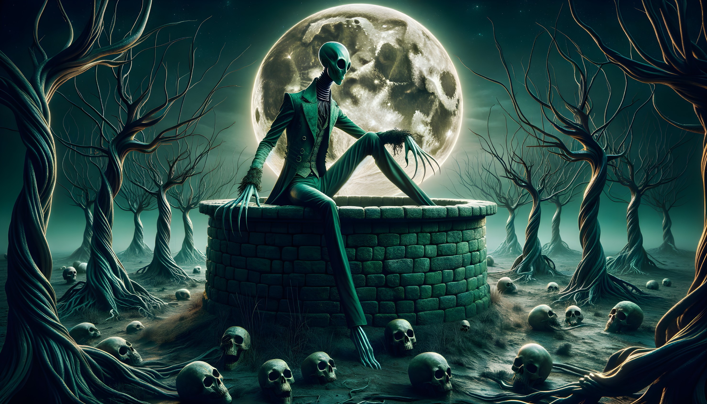 Eerie Landscape with Skeletal Figure and Moonlight