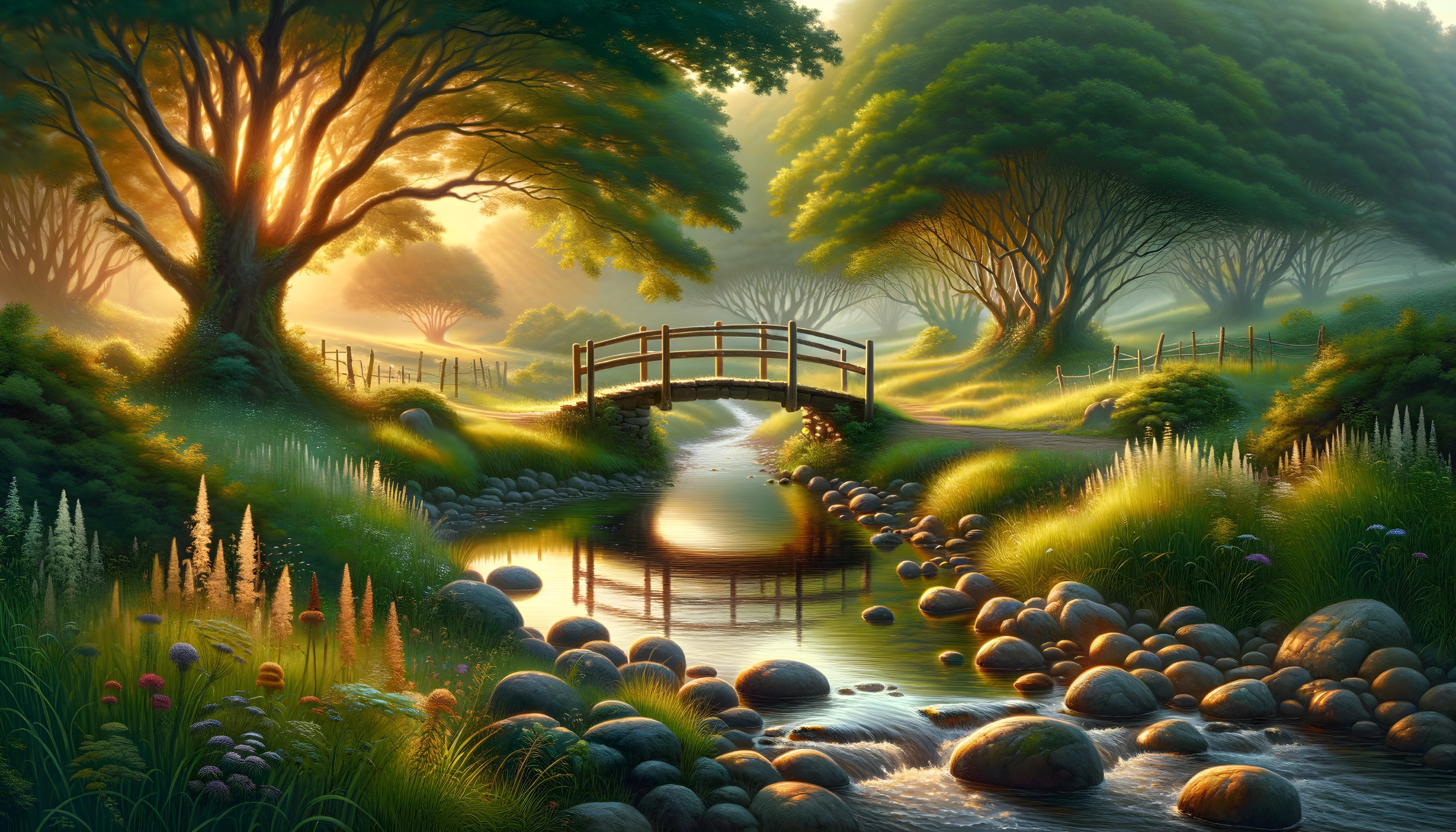 Serene Landscape with Stream and Wooden Bridge