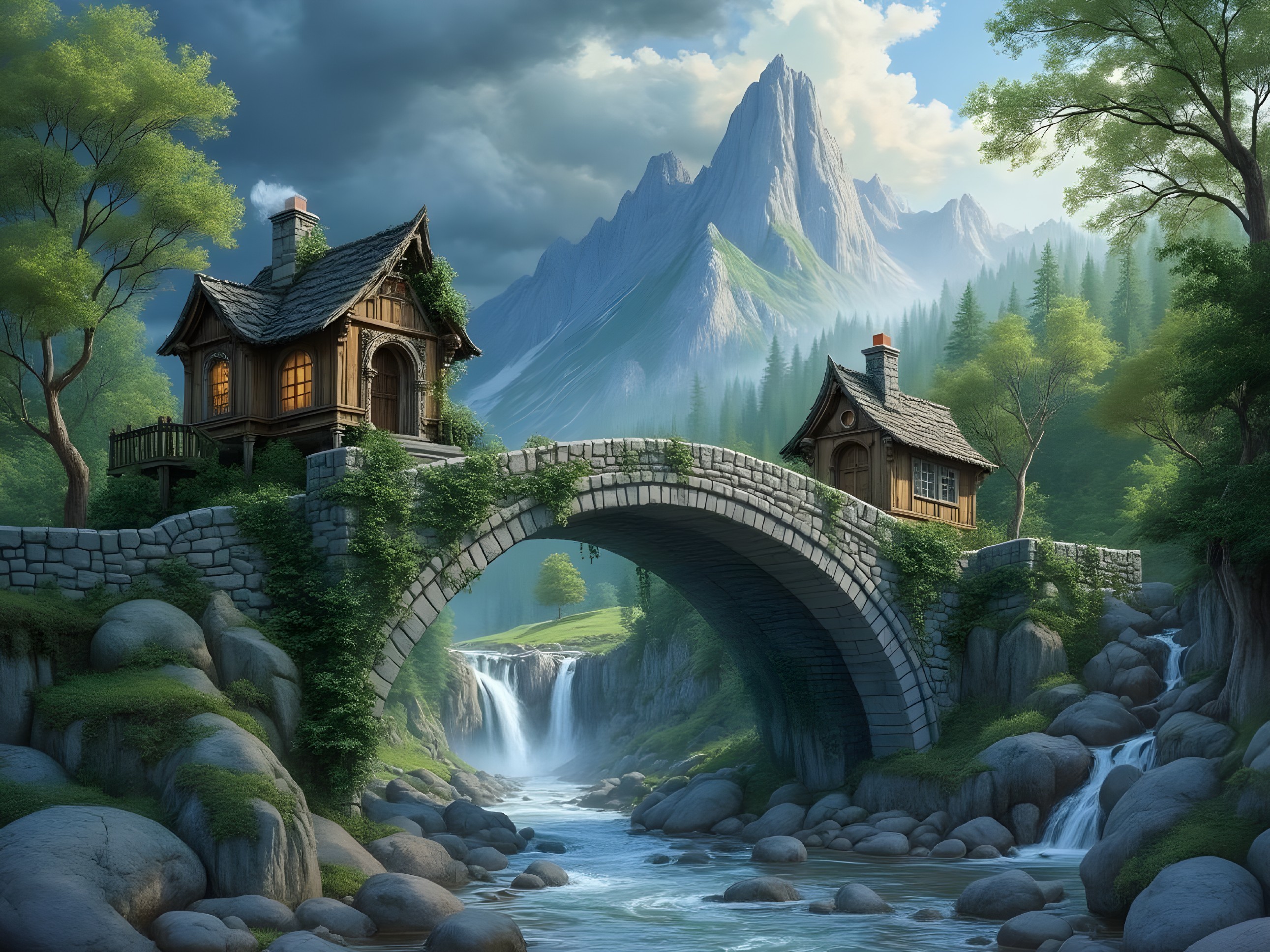 Serene Landscape with Cottages and Waterfall Scene