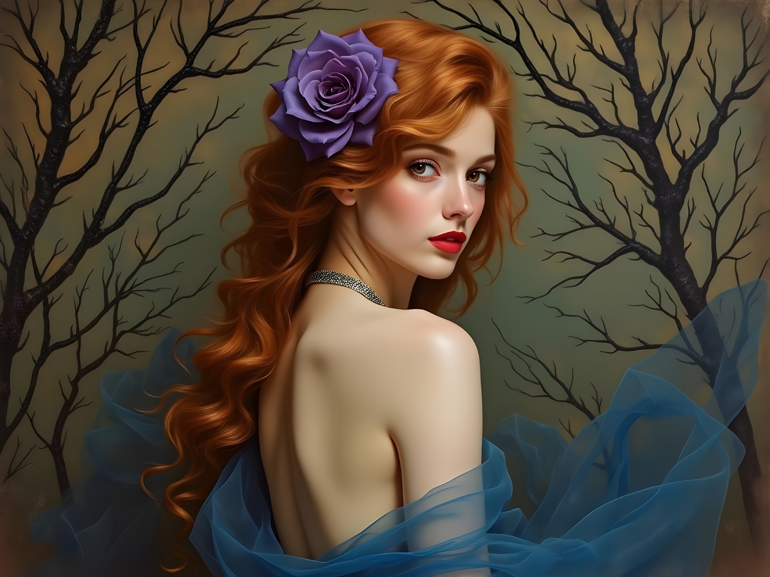 Elegant woman with red hair and purple rose in nature