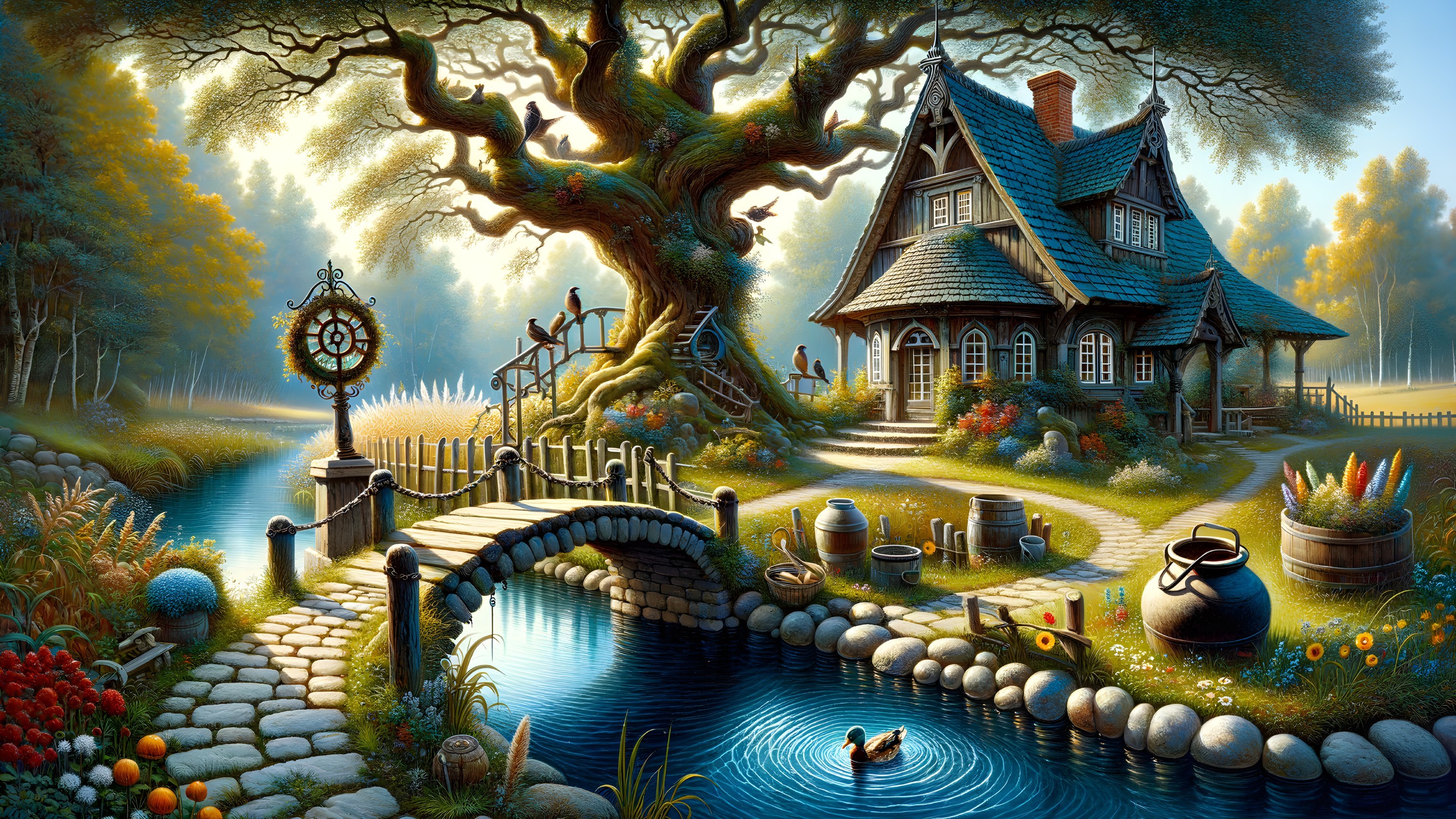 Whimsical Cottage by Serene River and Lush Greenery