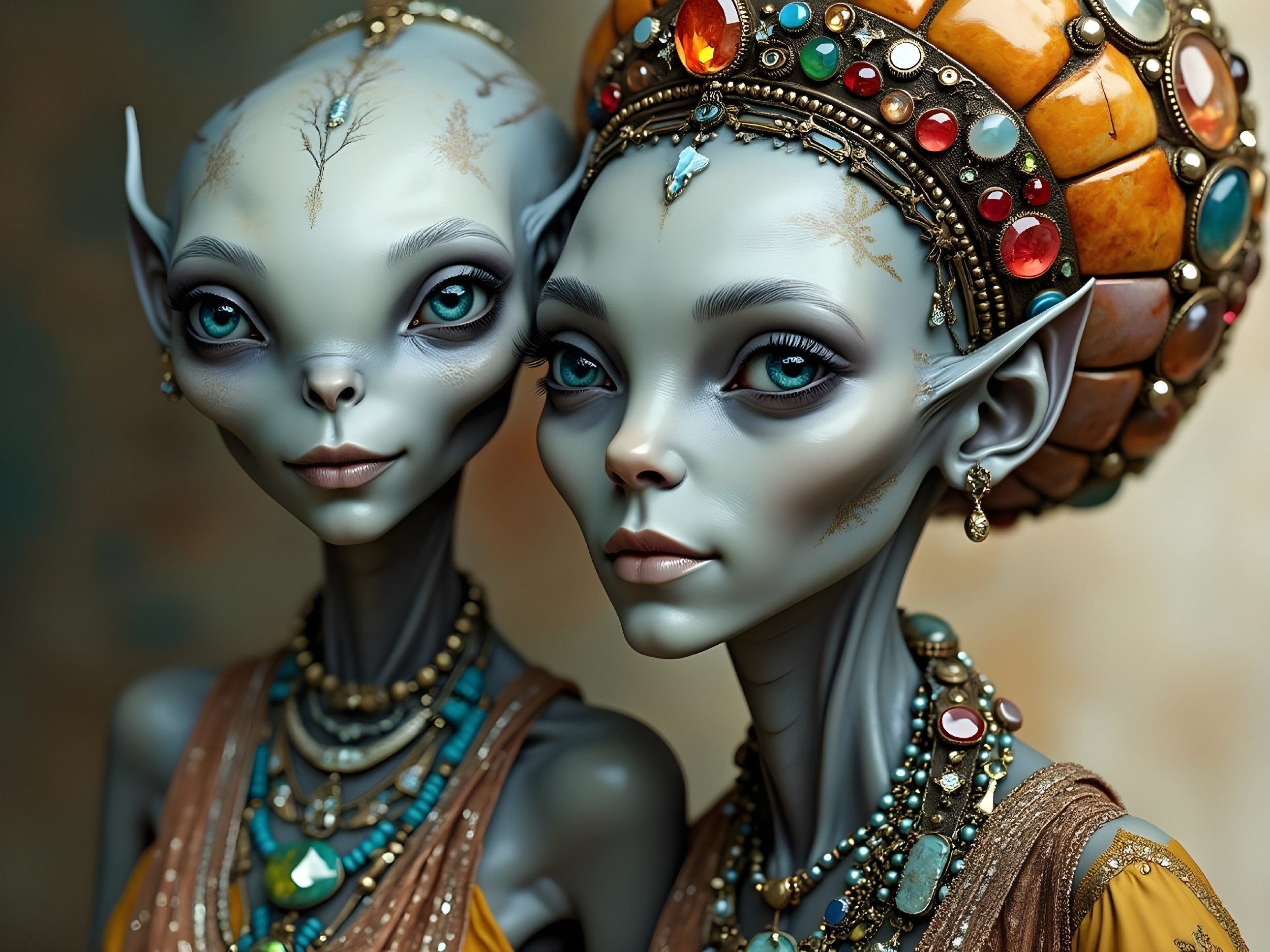 Elegant Alien Figures with Intricate Garments and Jewelry