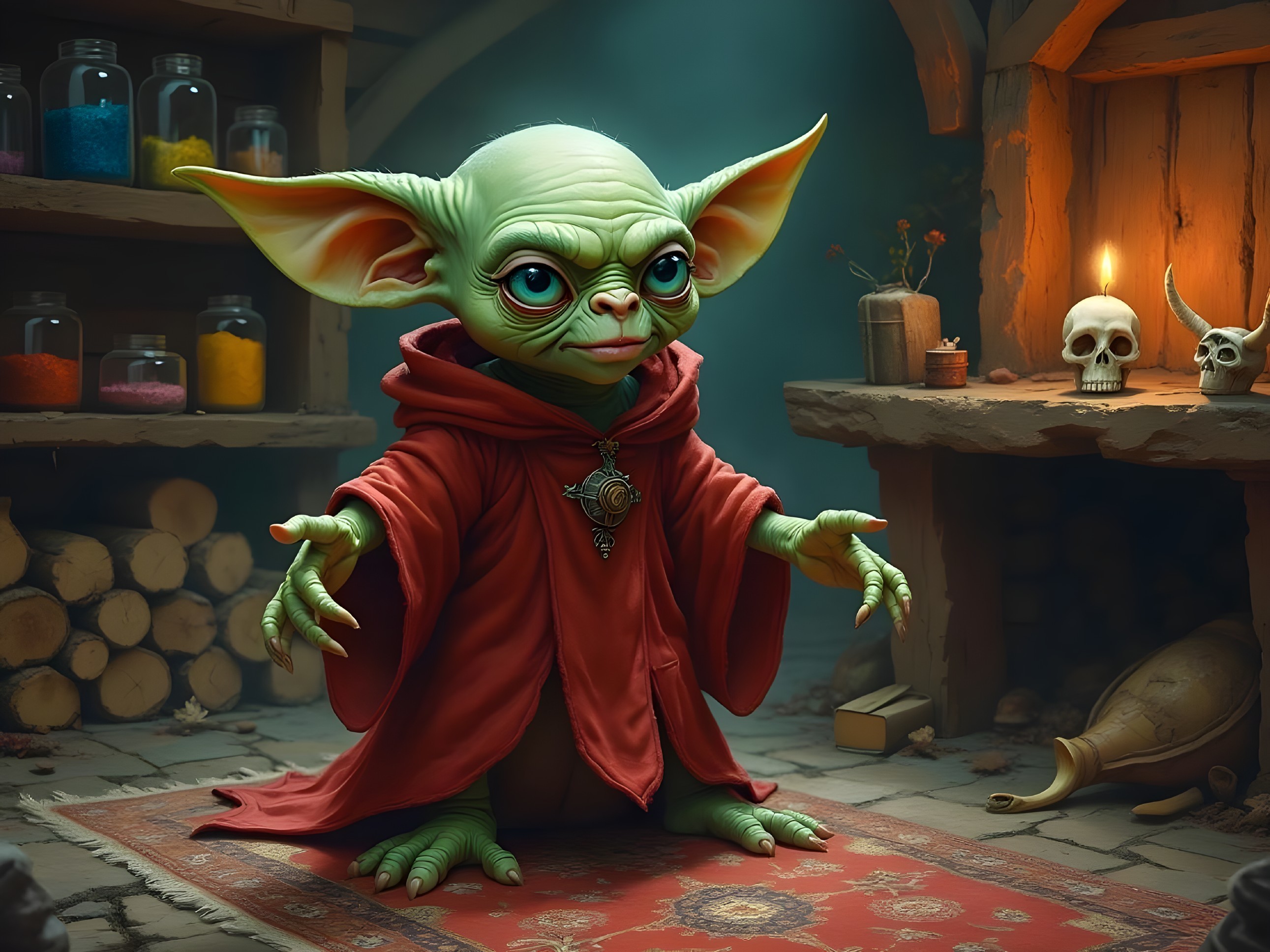 Mystical Creature in Red Robe Surrounded by Potions