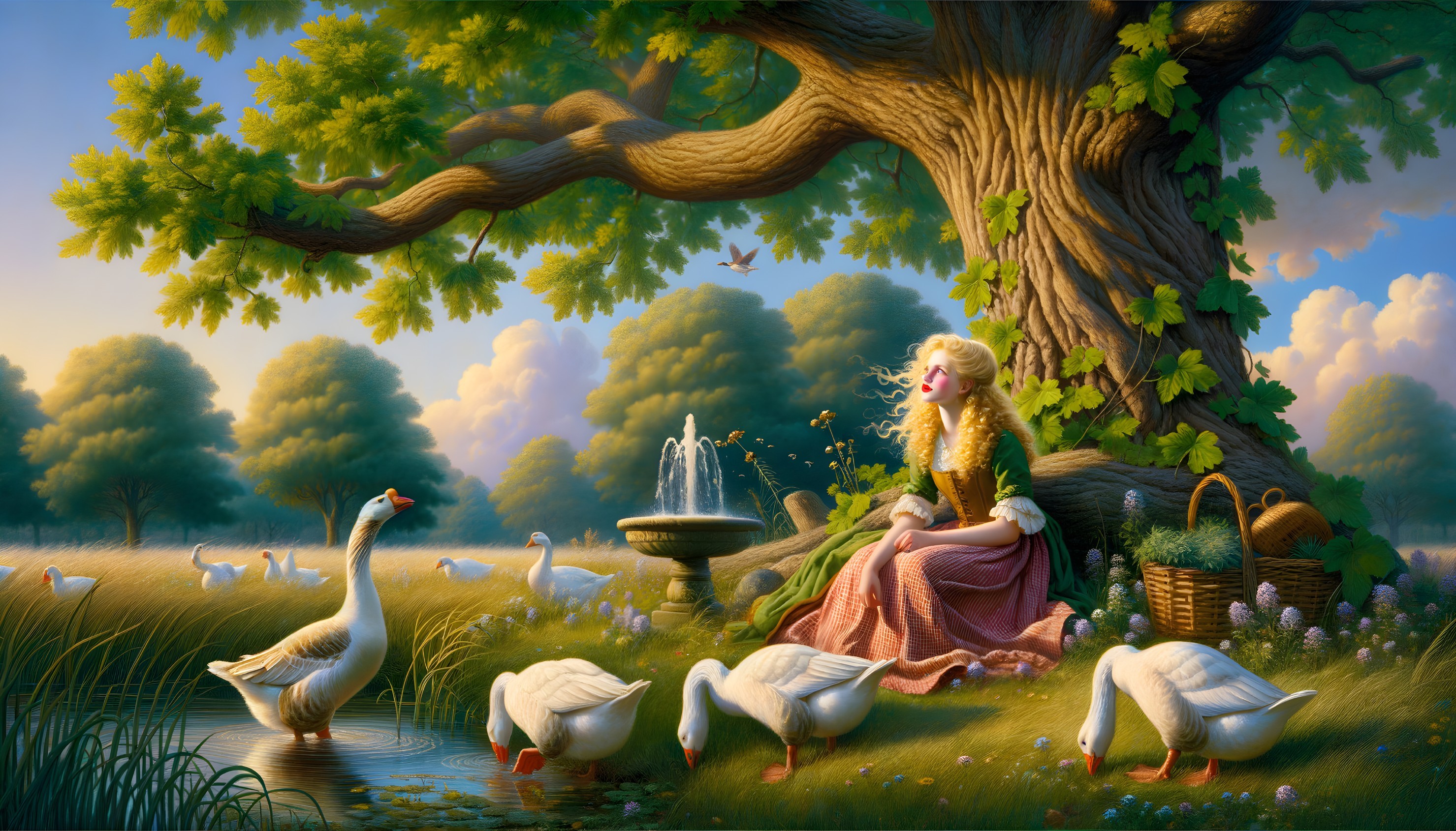 Golden-haired woman in meadow with geese and fountain