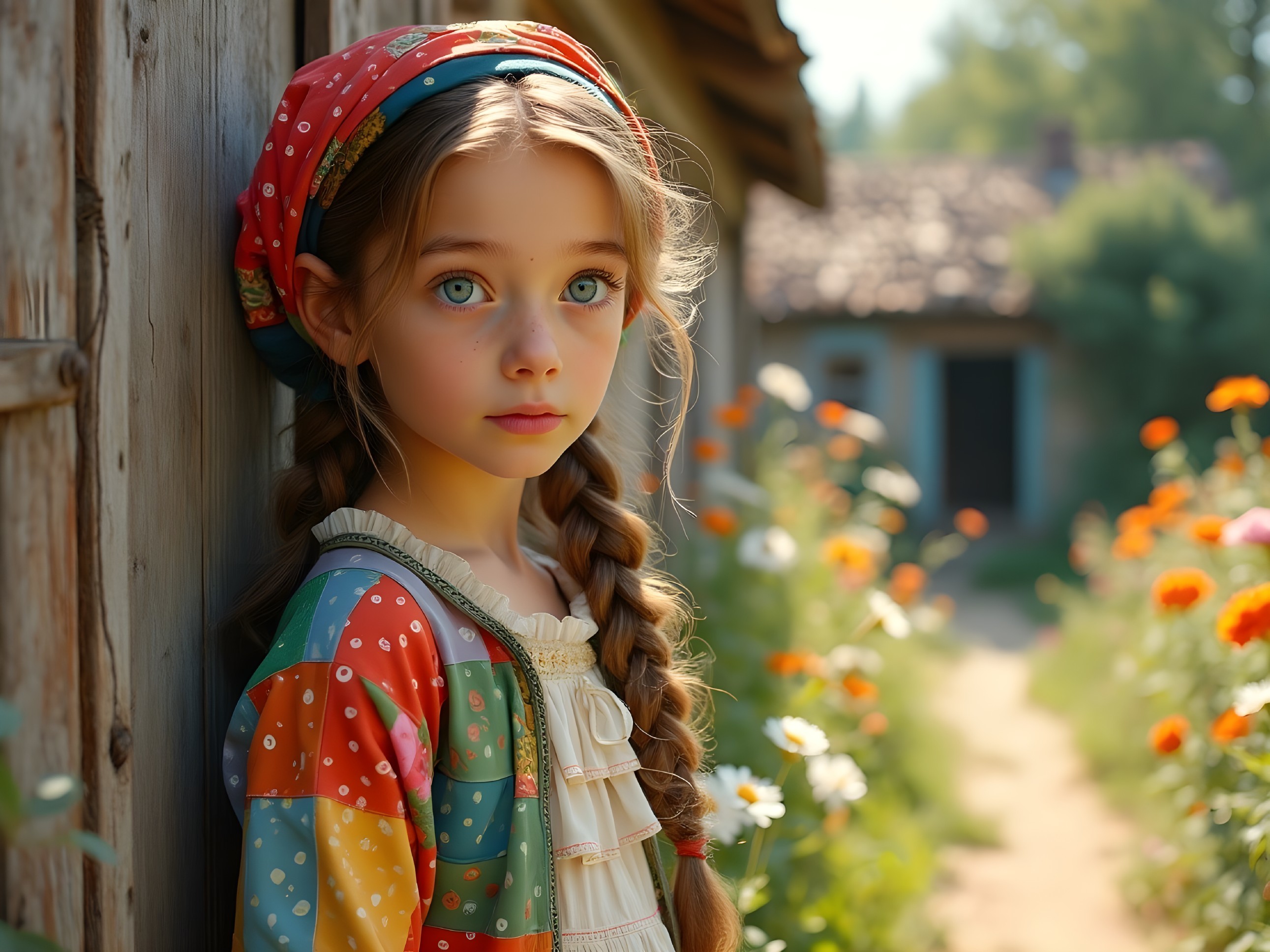 Young girl in colorful dress by rustic wall in garden