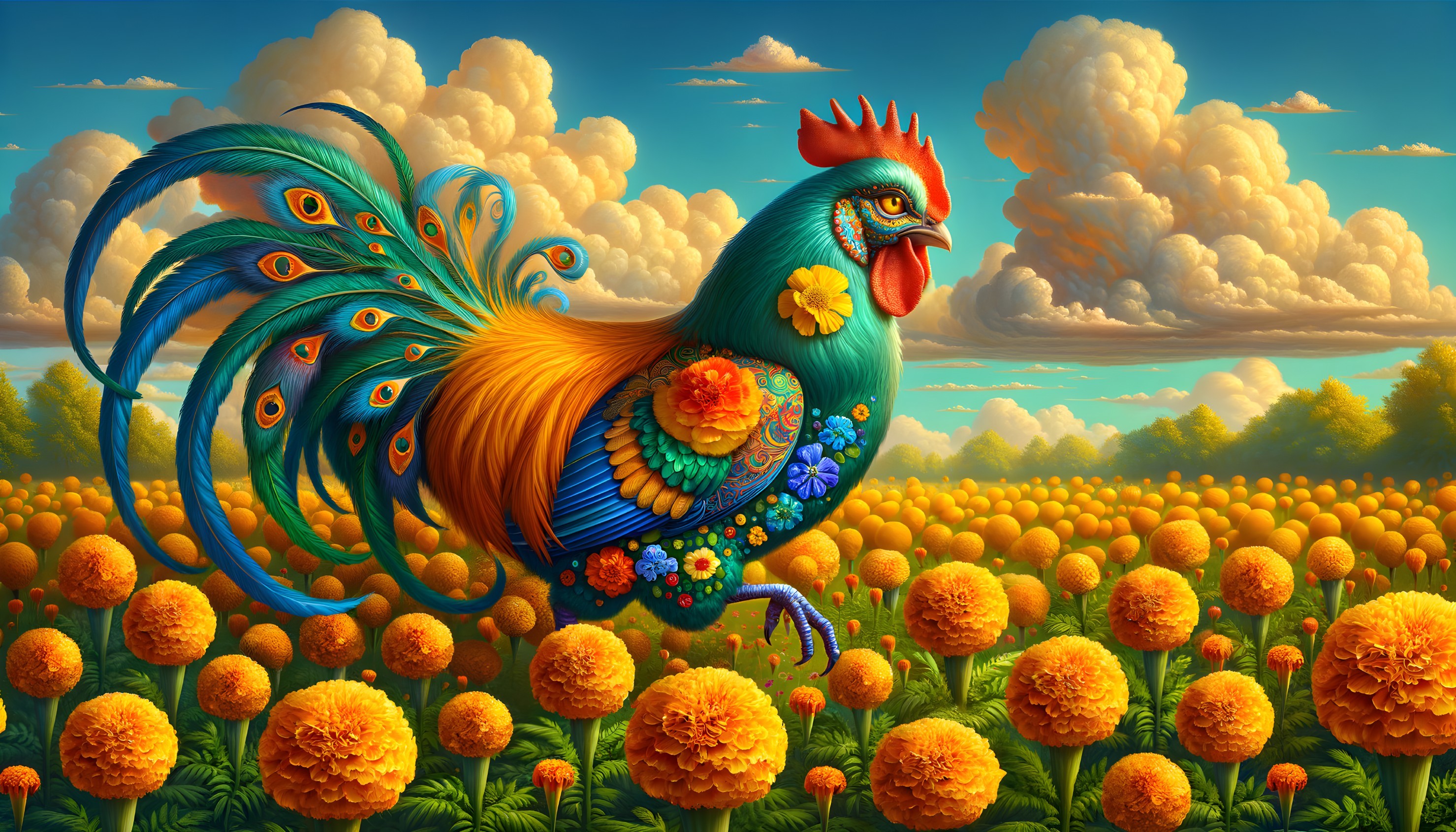 Colorful Rooster in Marigold Flower Field Scene