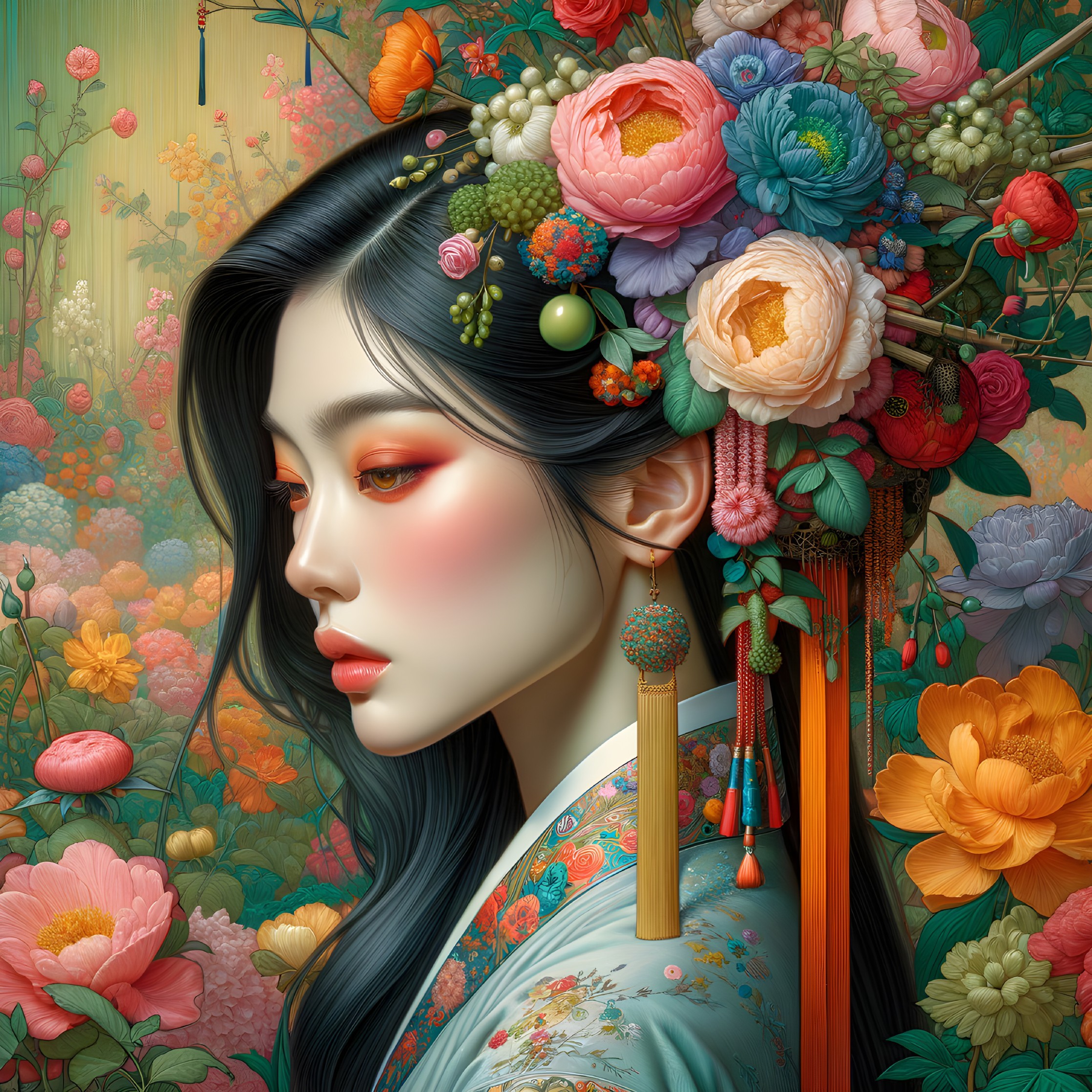 Serene Woman with Floral Hair in Lush Garden Setting