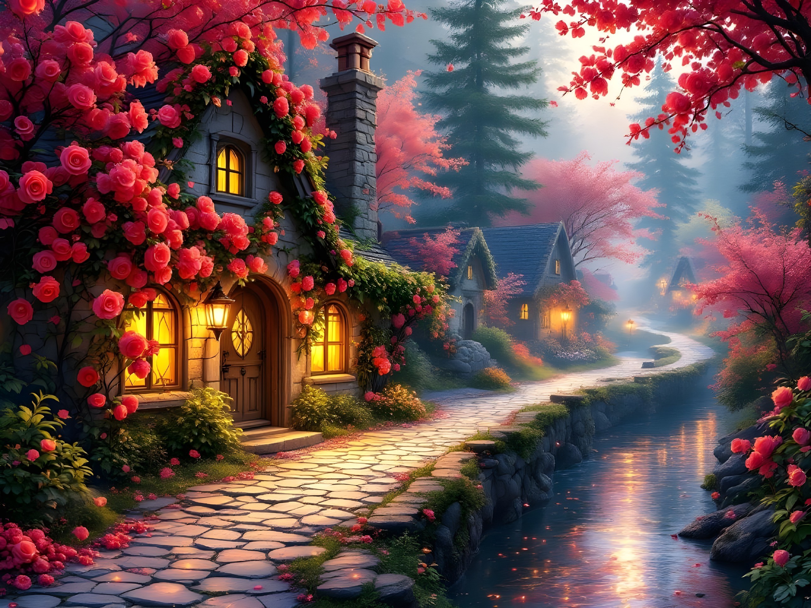 Serene village scene with lanterns and pink roses