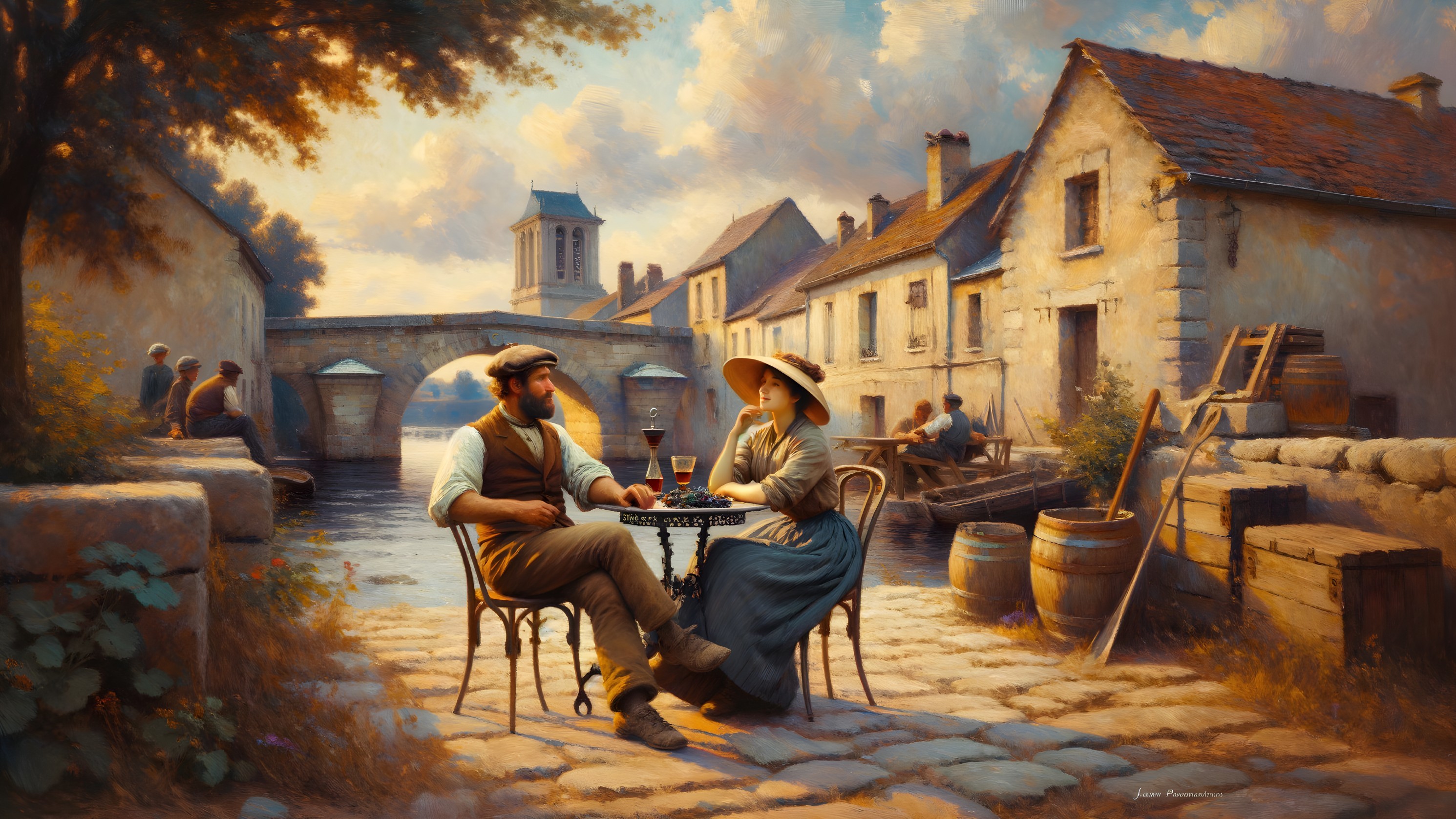 Riverside Scene with Couple and Quaint Village Setting