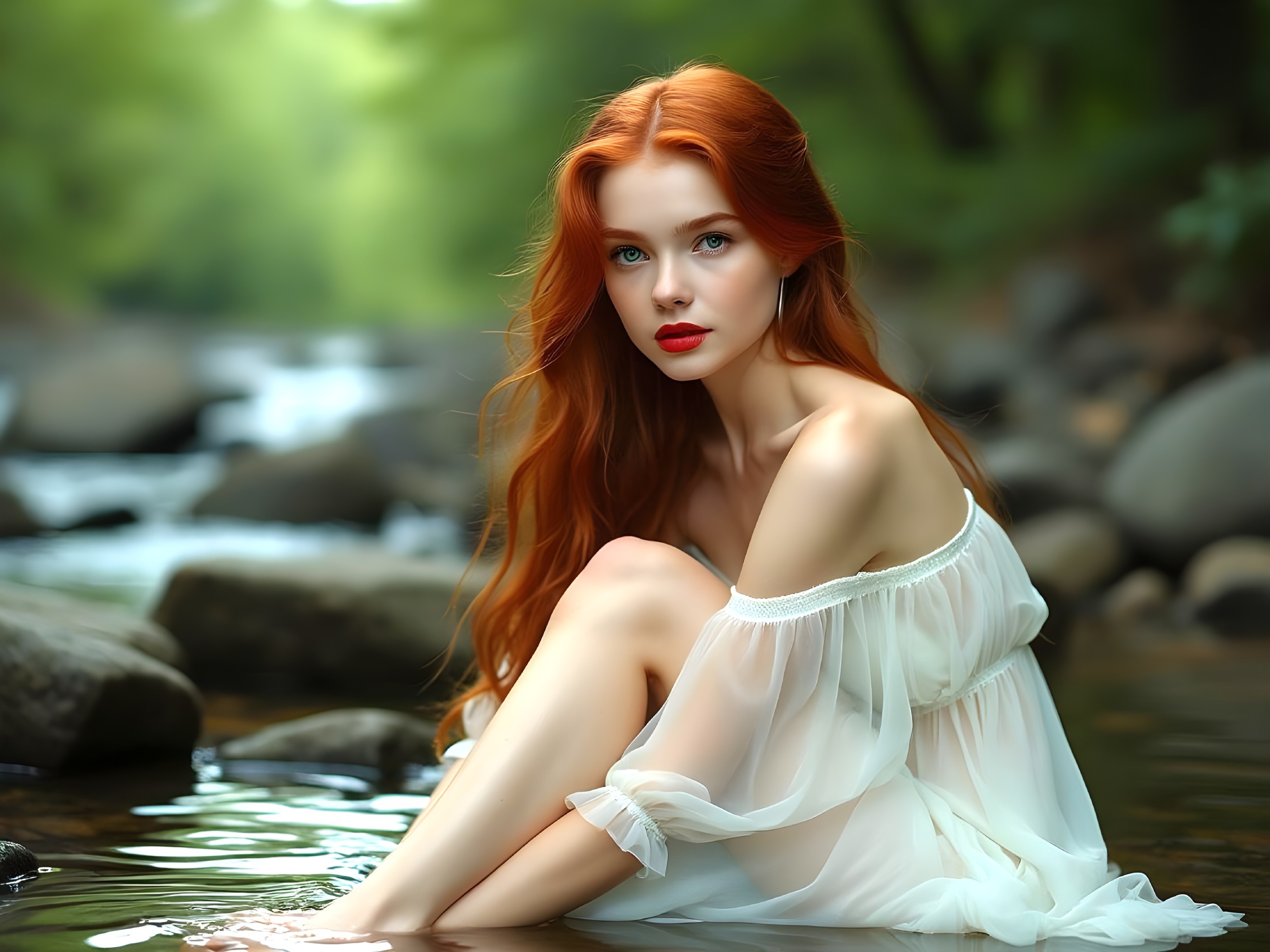 Young Woman in White Dress by Serene Riverbank
