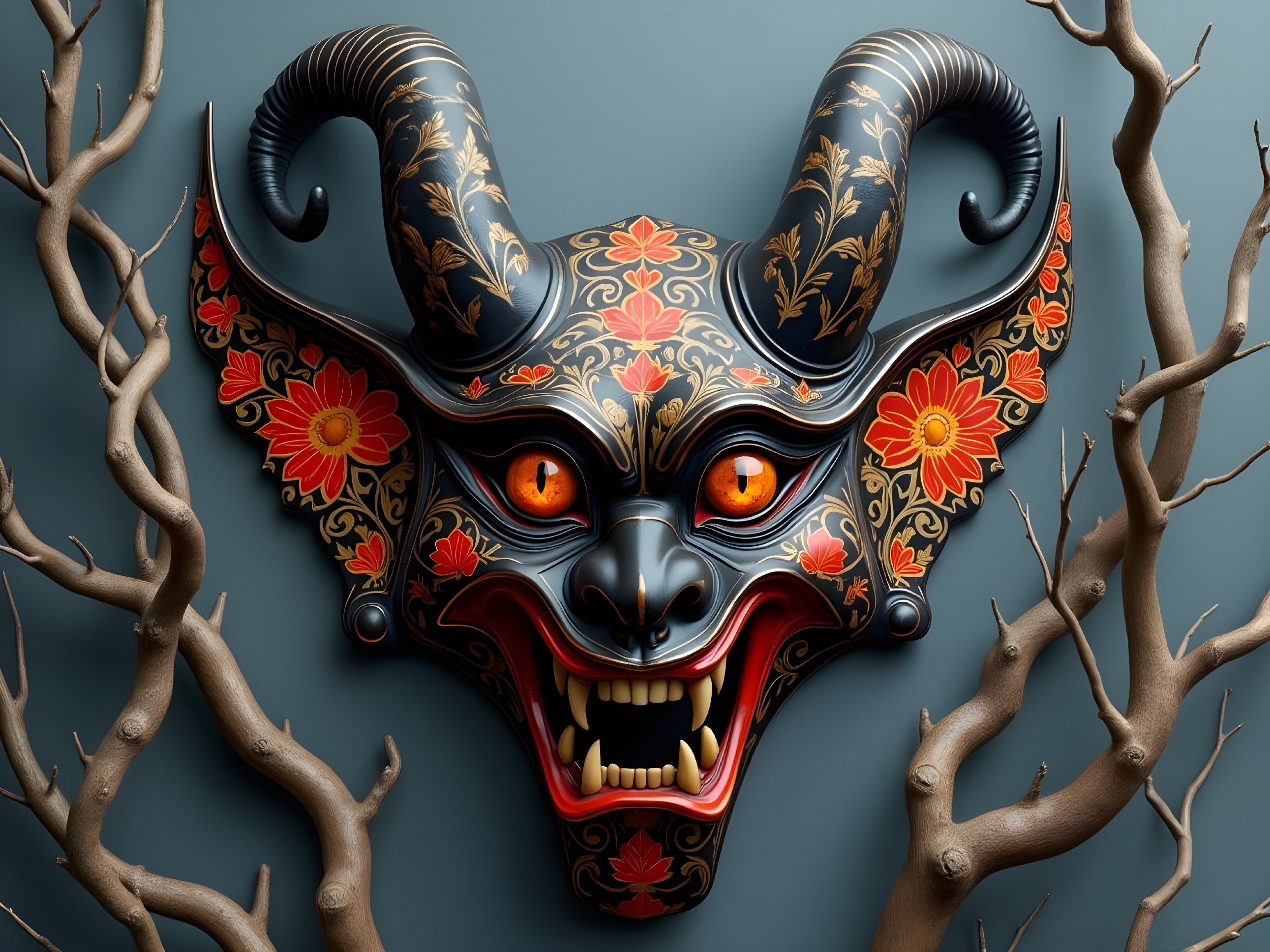 Three-Dimensional Horned Creature Mask with Floral Patterns