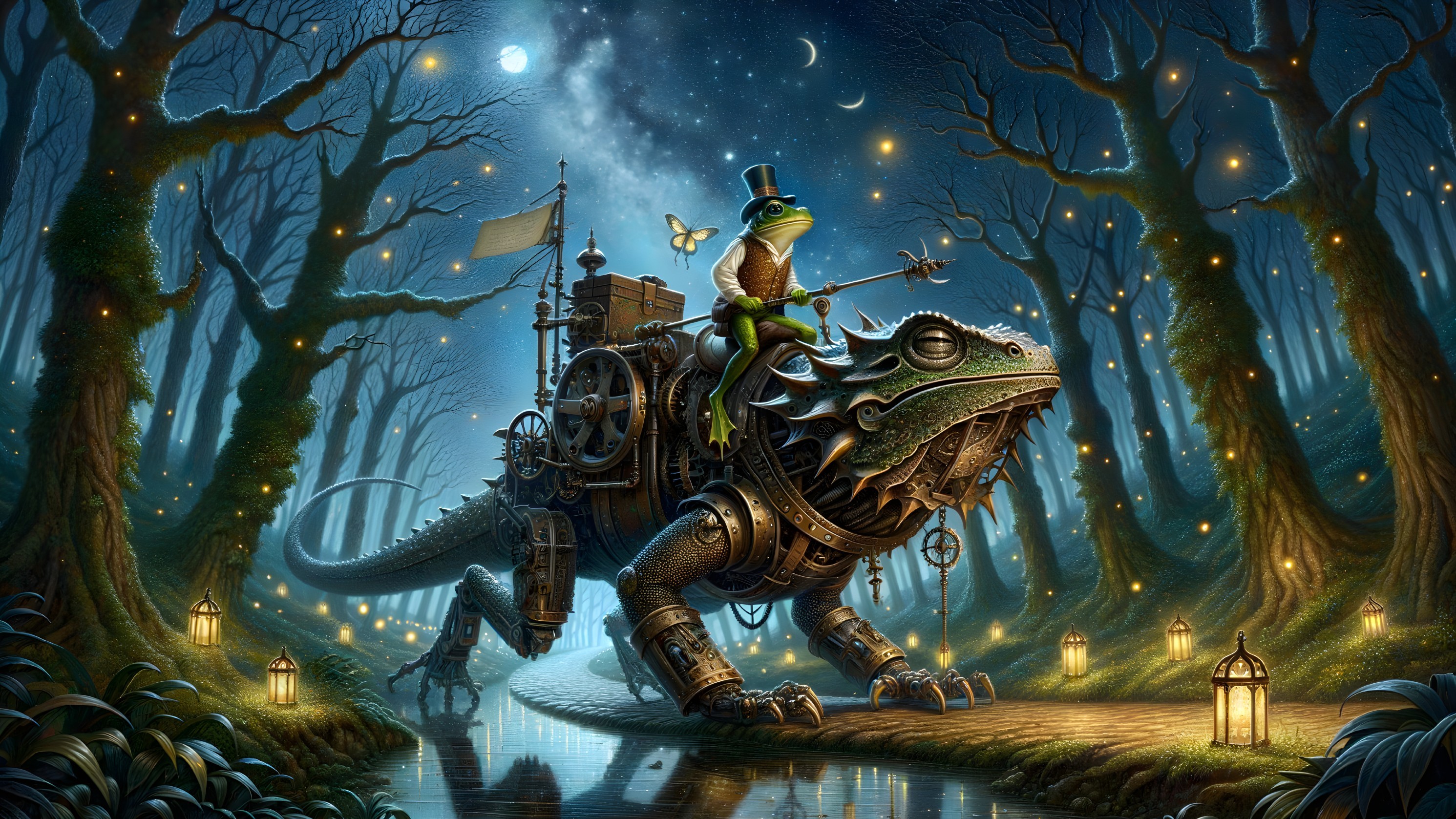 Whimsical Forest Scene with Mechanical Lizard and Frog