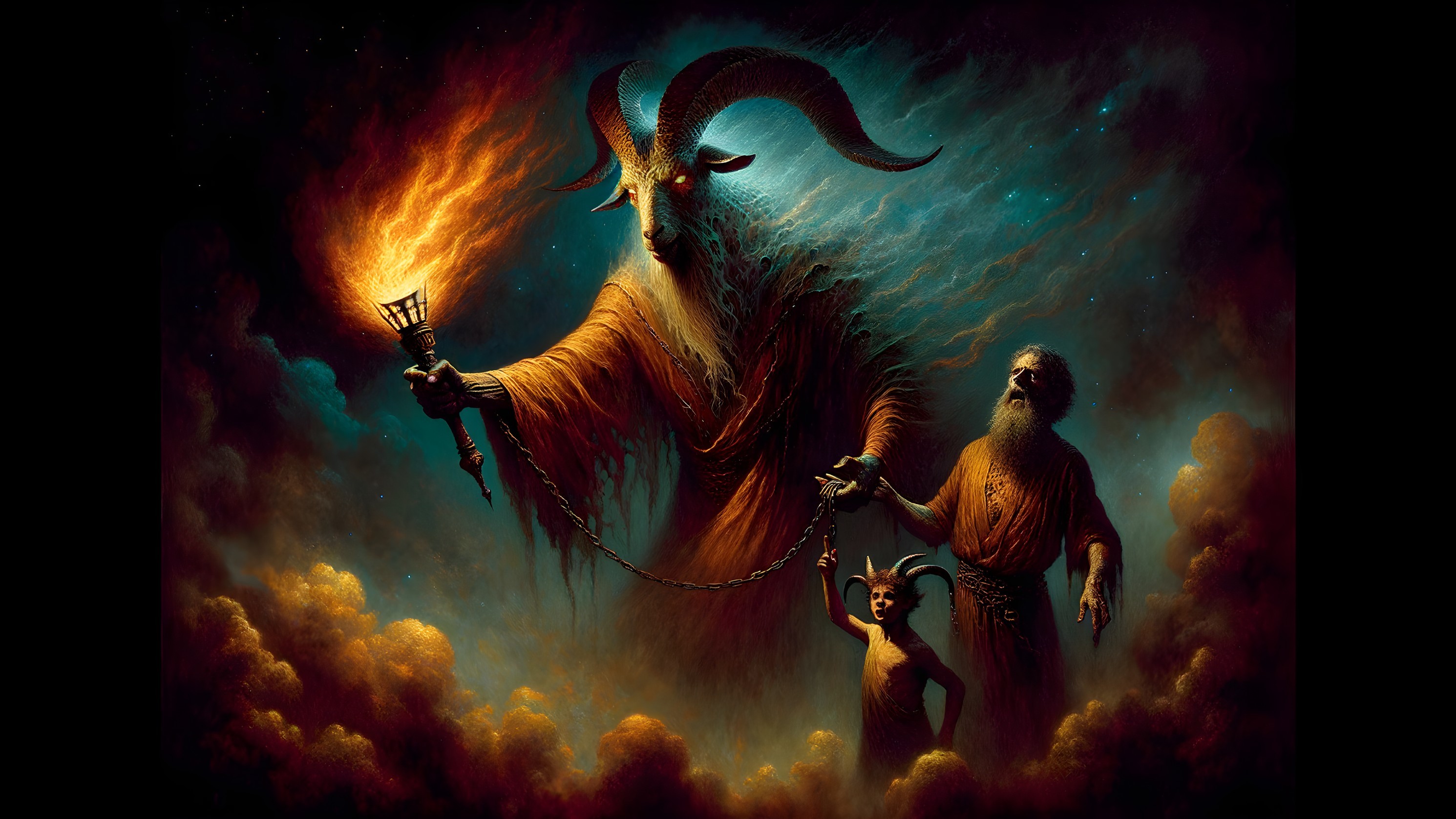 Majestic Horned Figure in Mystical Landscape Scene