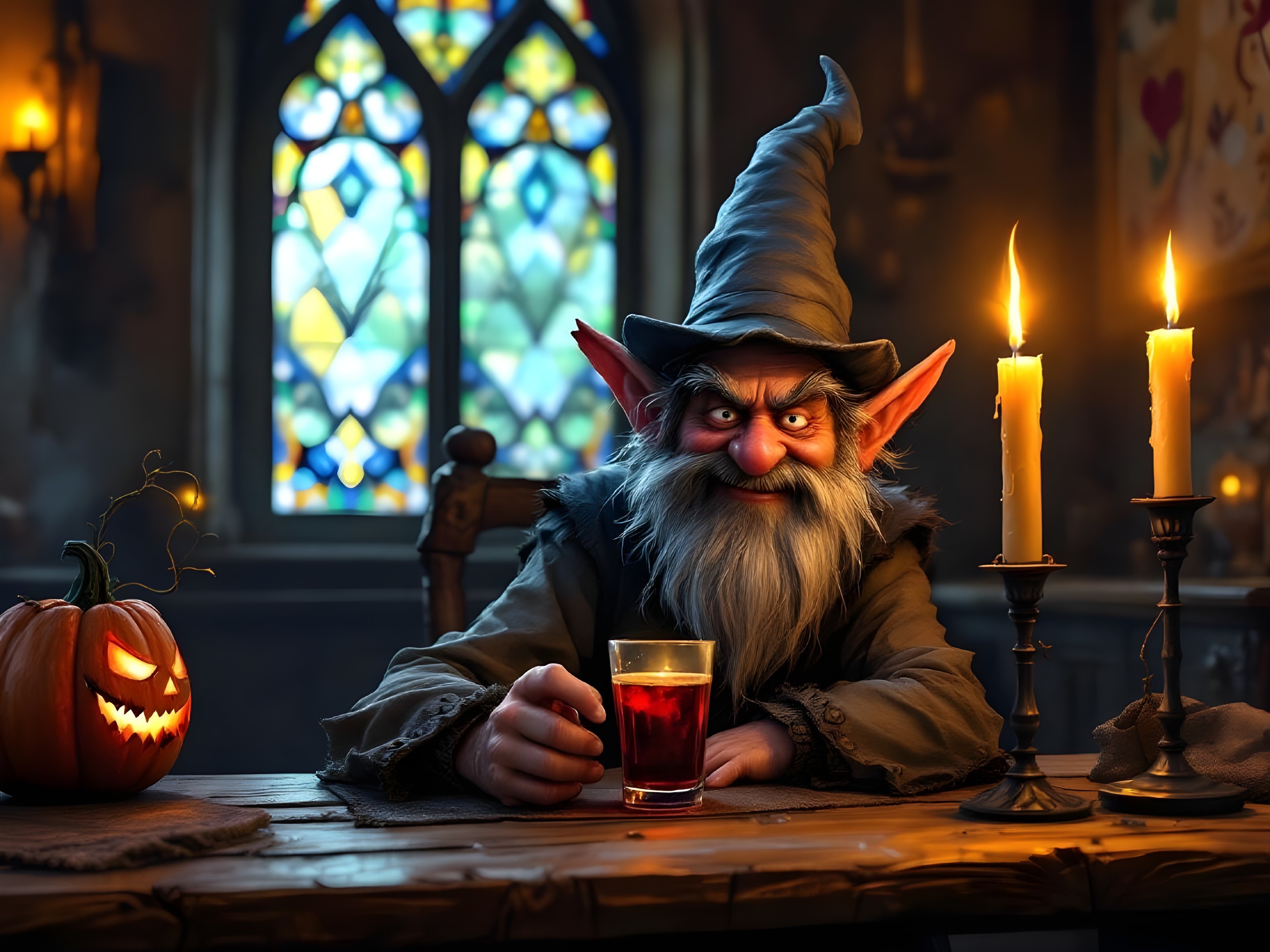 Mischievous gnome in a whimsical candlelit setting