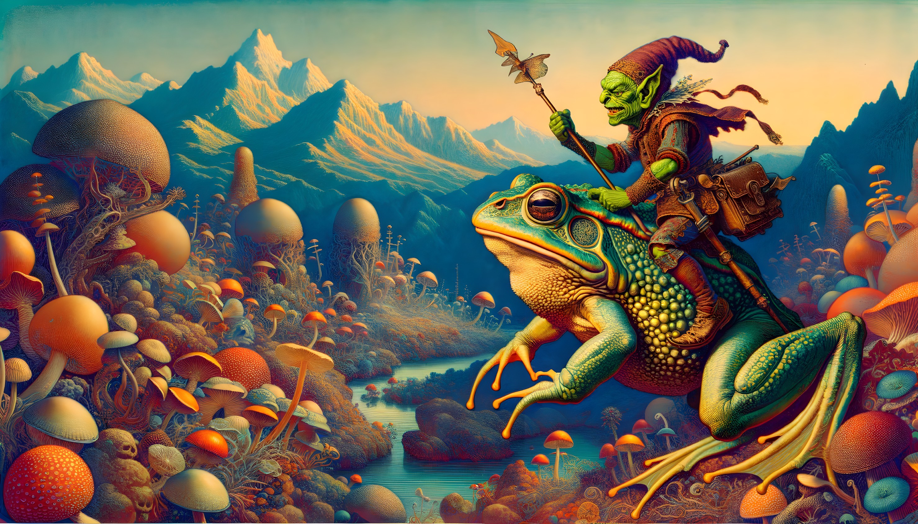 Goblin on Giant Frog in a Colorful Fantasy Landscape