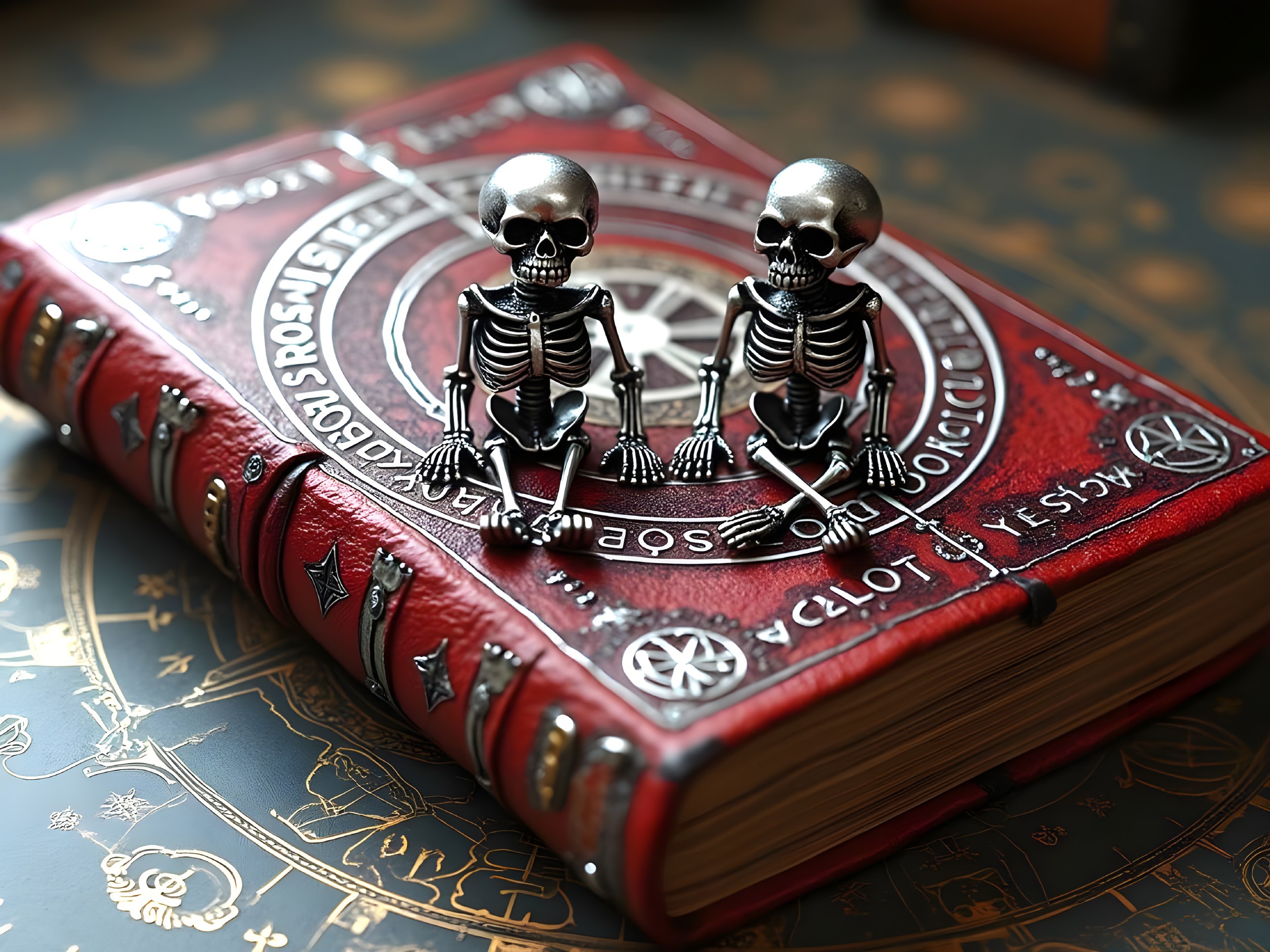 Detailed Red Spellbook on Mystic Surface with Figurines