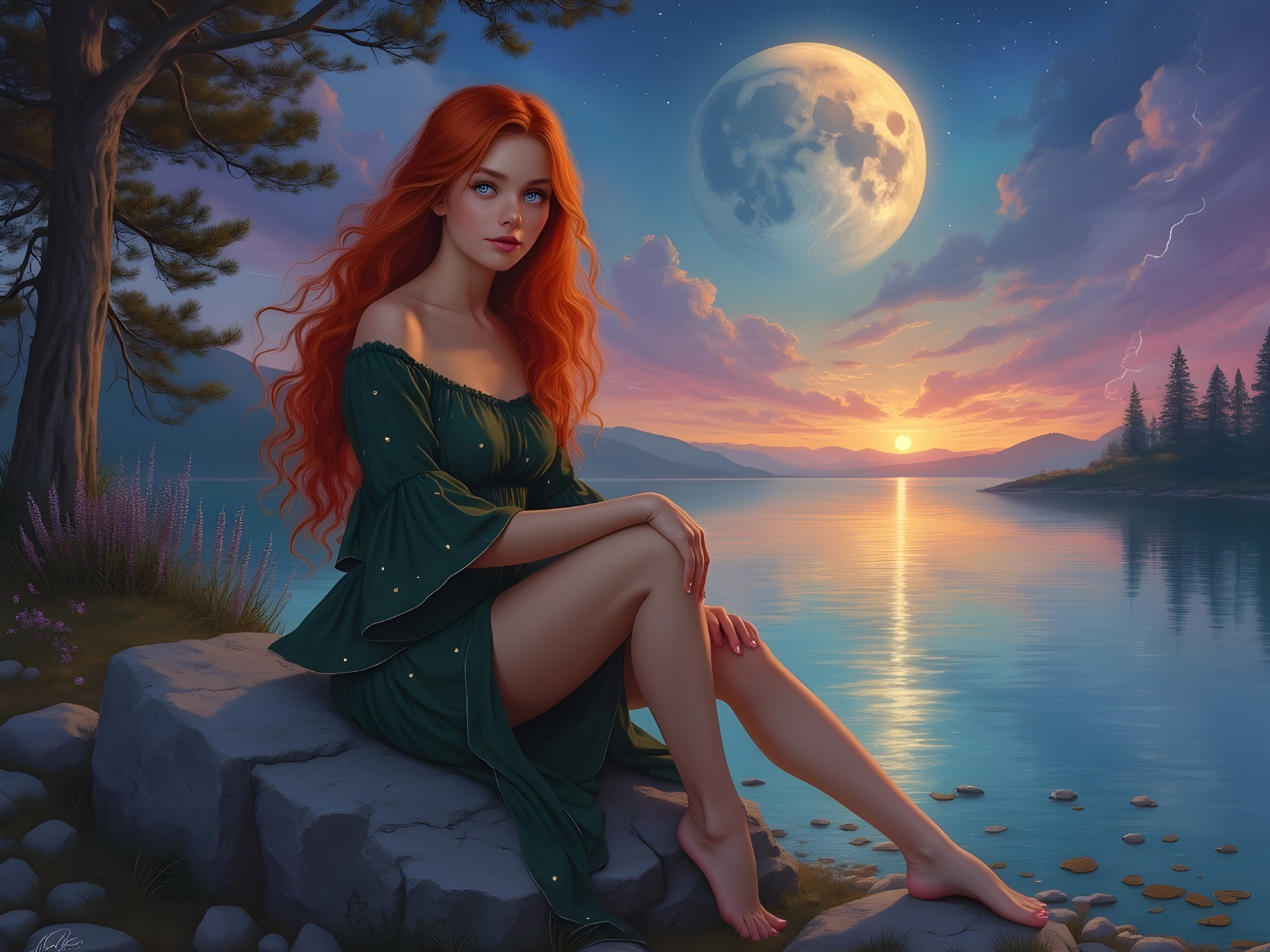 Young woman in green dress by tranquil sunset lake