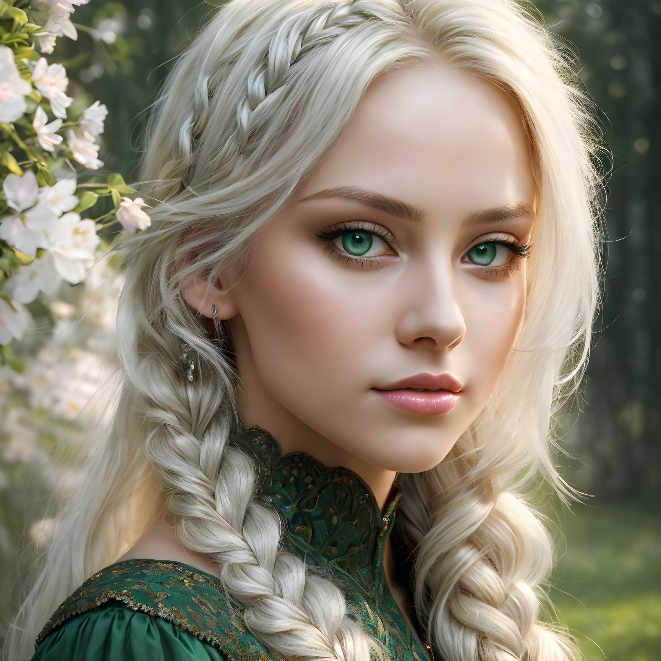 Young woman in green dress with braided blonde hair