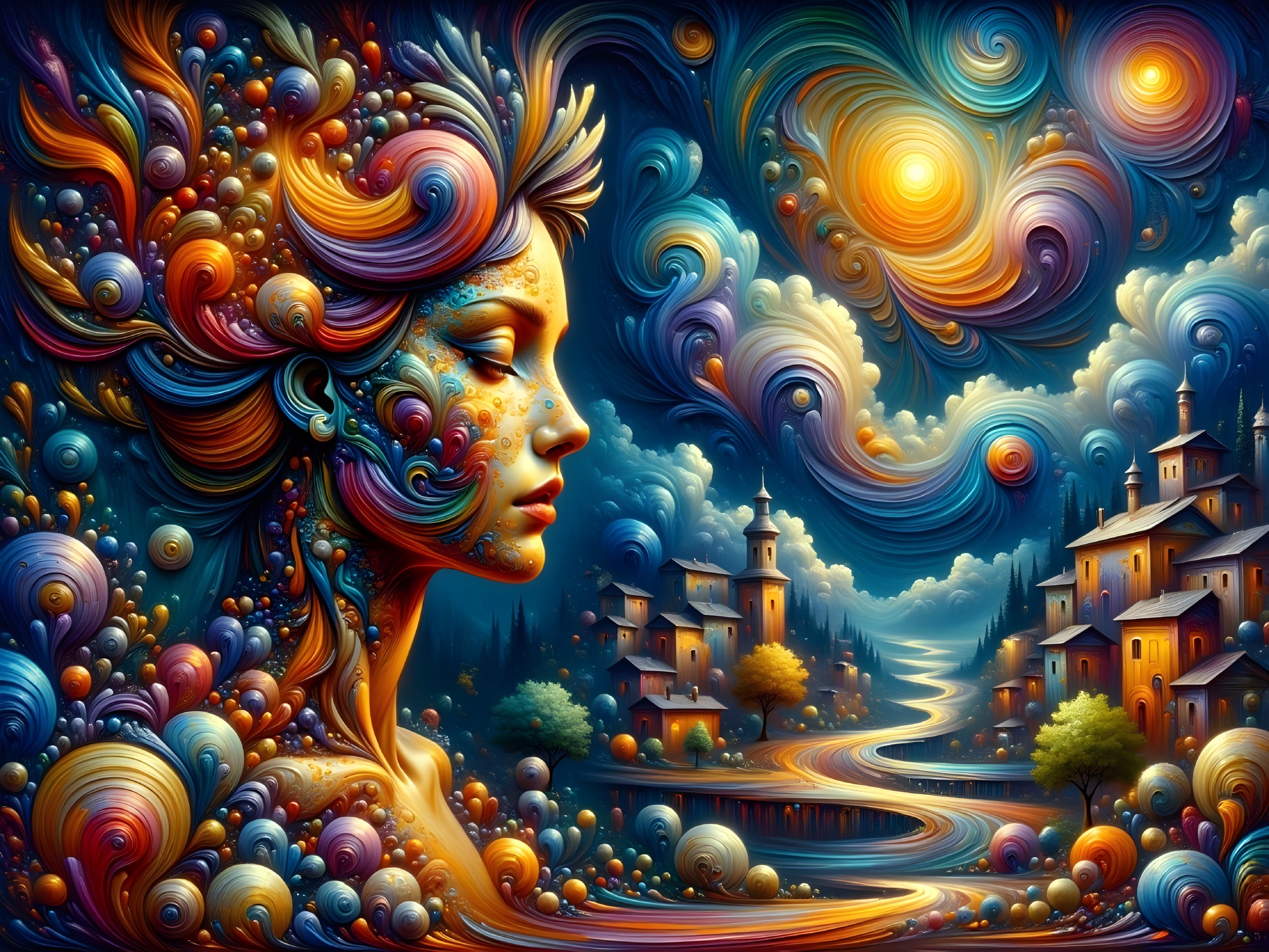 Vibrant Artwork of Woman's Profile with Nature Elements