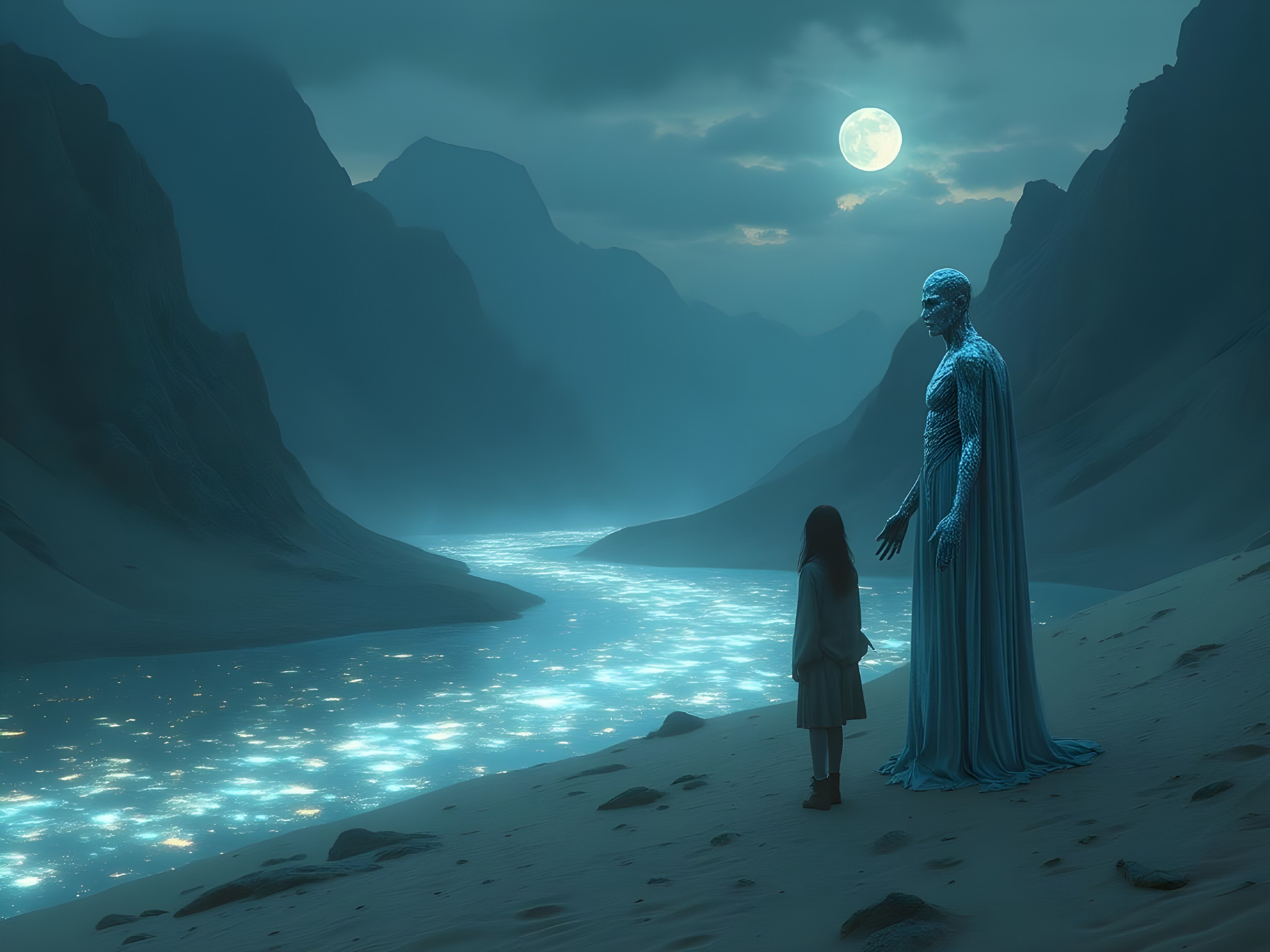 Mystical Landscape with Figure and Child by River