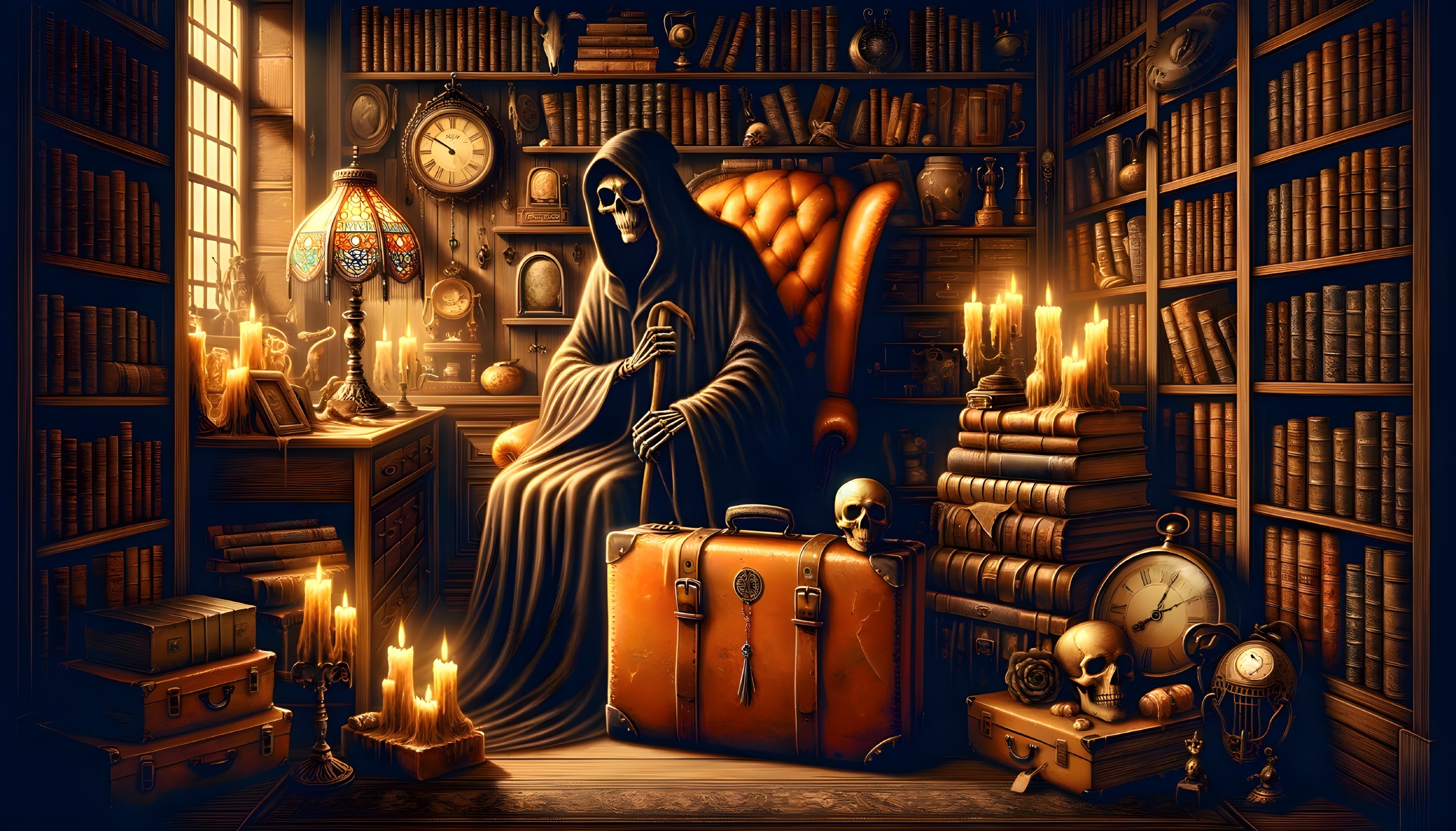 Eerie Library Scene with Cloaked Figure and Skulls