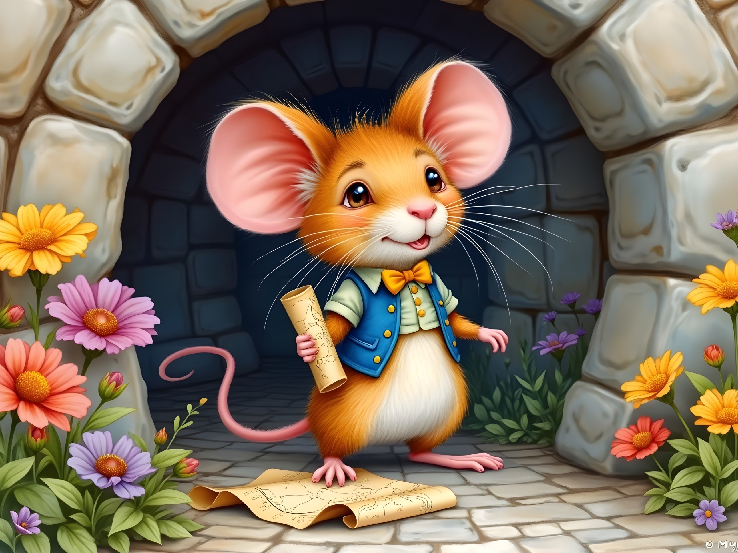 Cartoon Mouse at Stone Archway with Colorful Flowers
