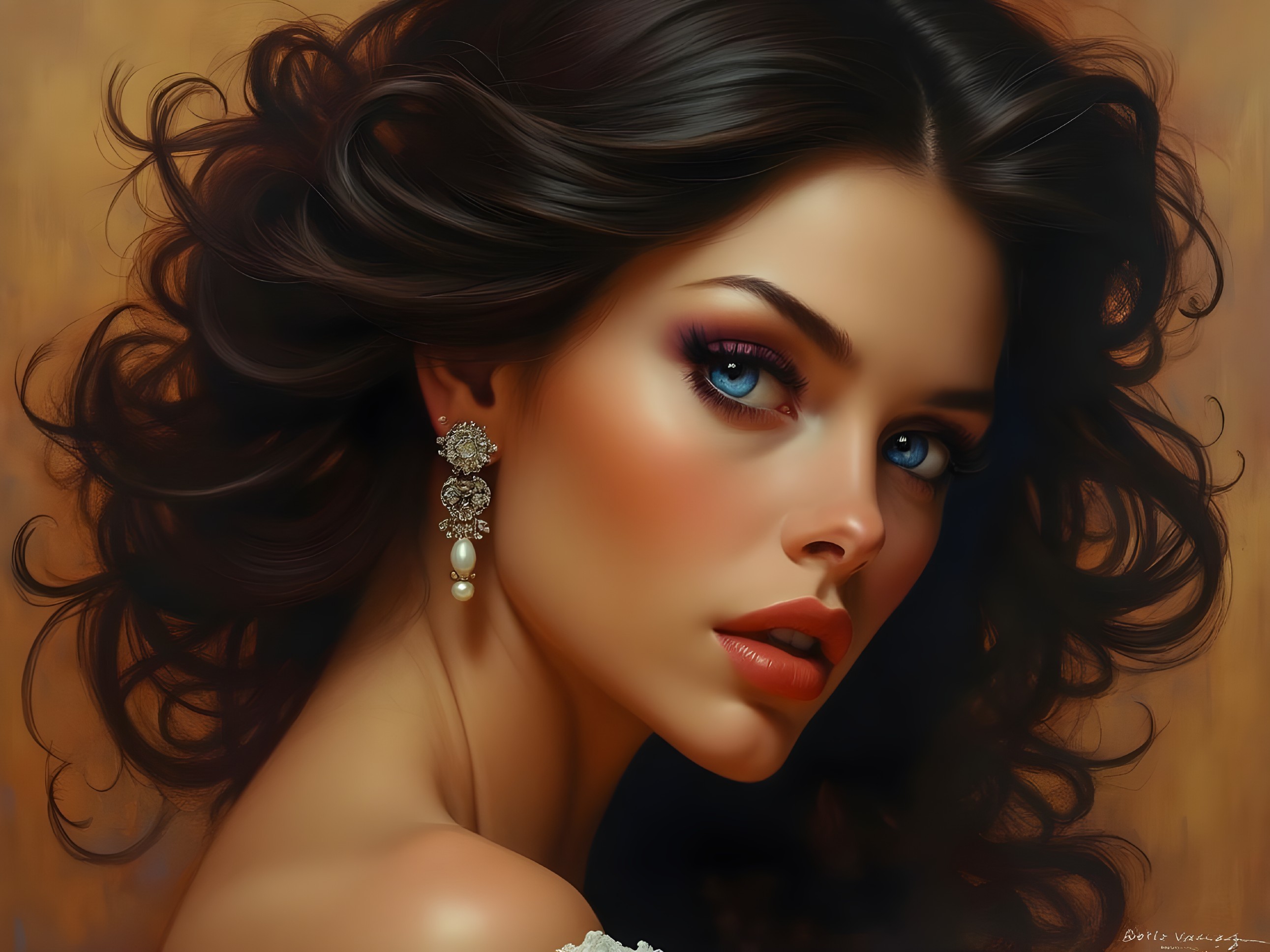 Portrait of a Woman with Dark Curls and Blue Eyes