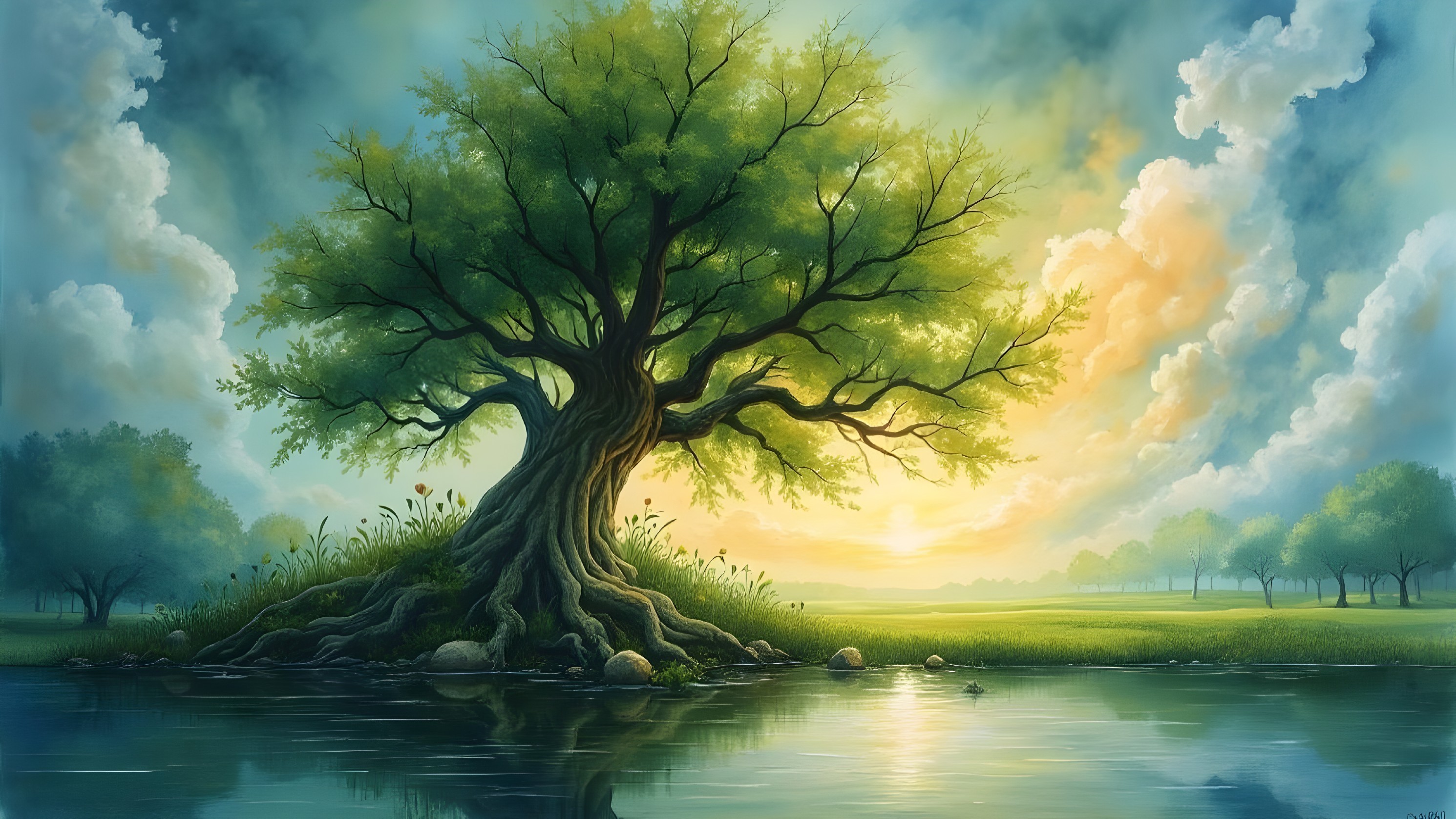Majestic tree by serene river at sunset scene