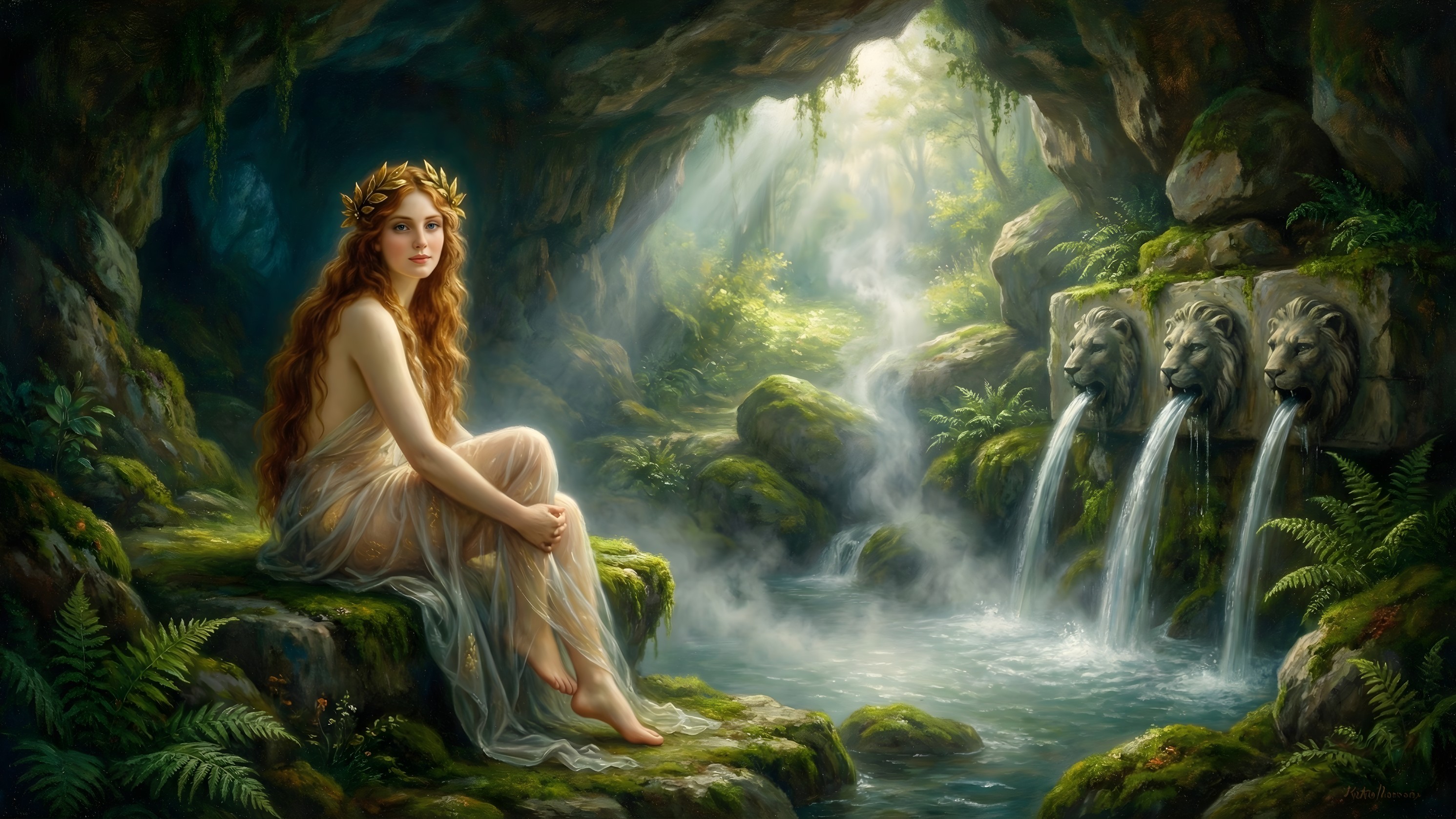 Fair-skinned model in flowing dress near misty stream