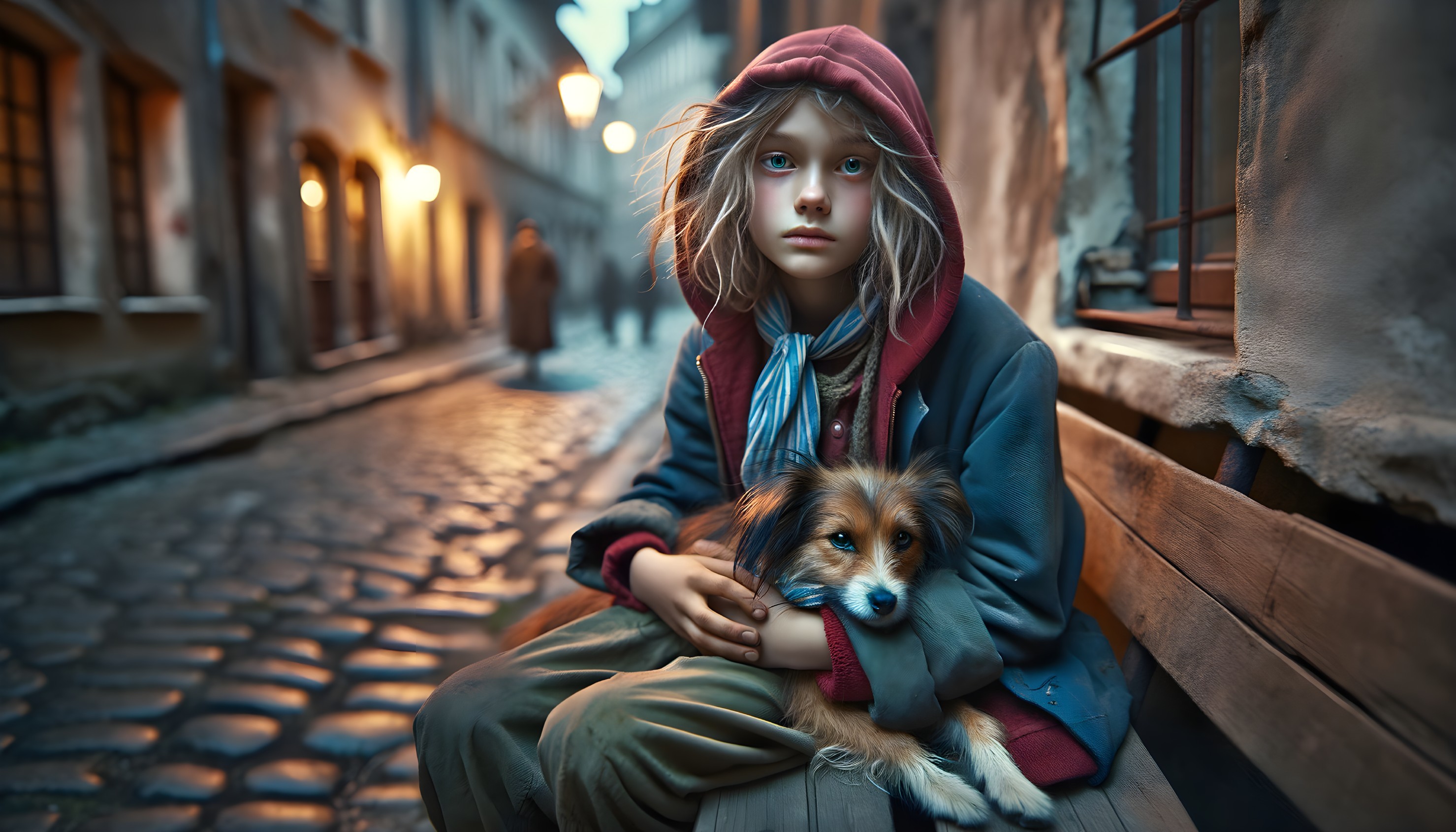 Young Girl with Dog in Dimly Lit Alley Scene