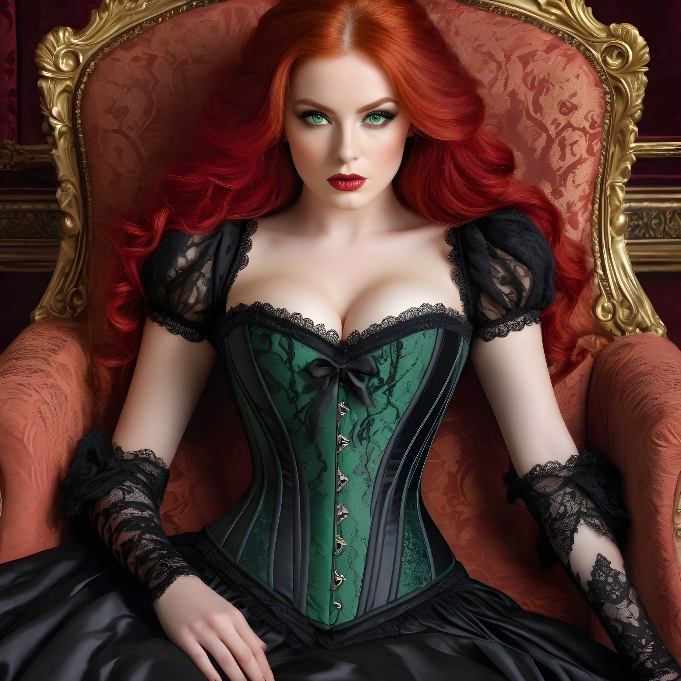 Red-haired woman in green corset and black dress