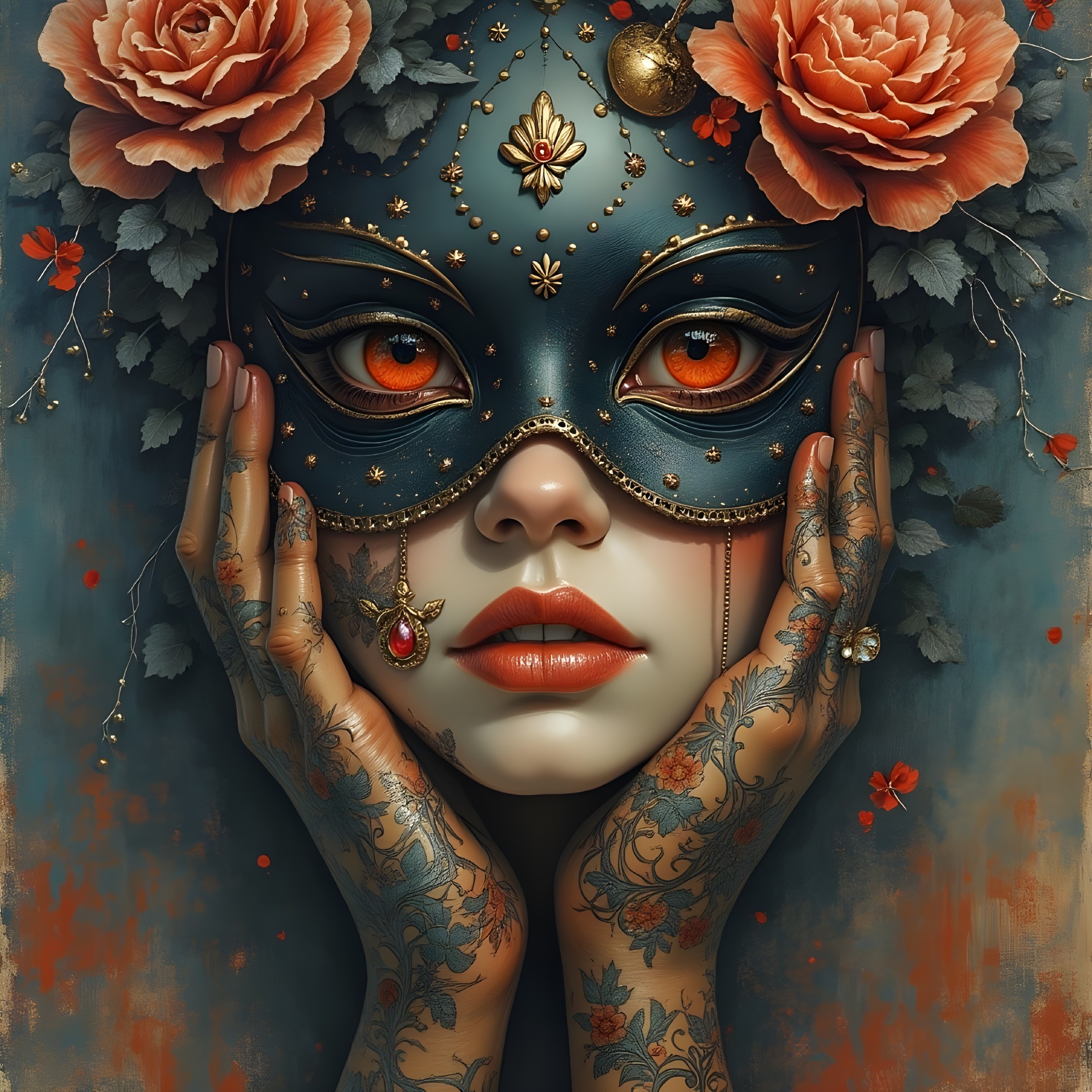 Ornate Blue Masquerade Mask with Floral Accents