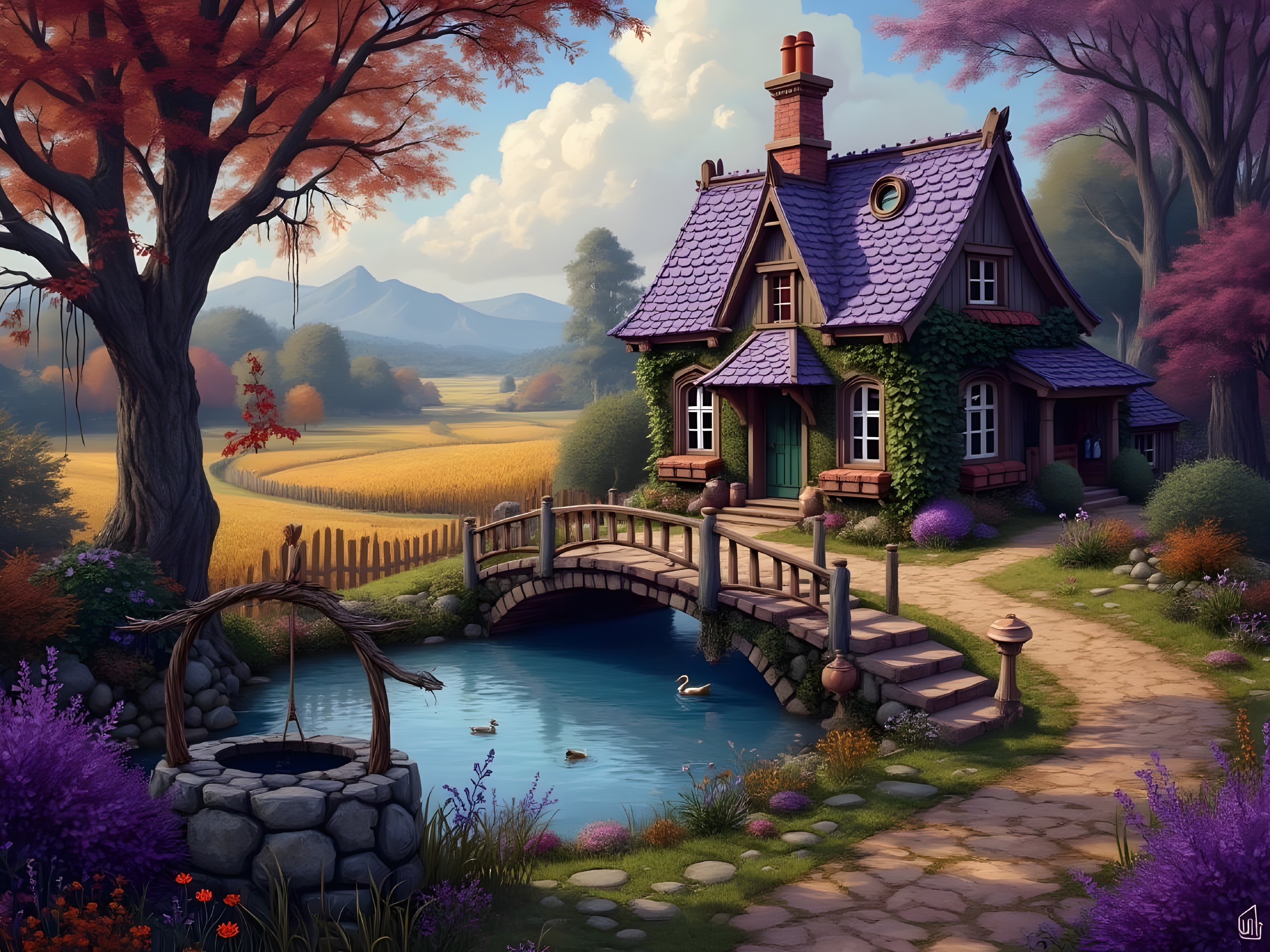 Charming Cottage in Autumn Landscape with Pond and Bridge