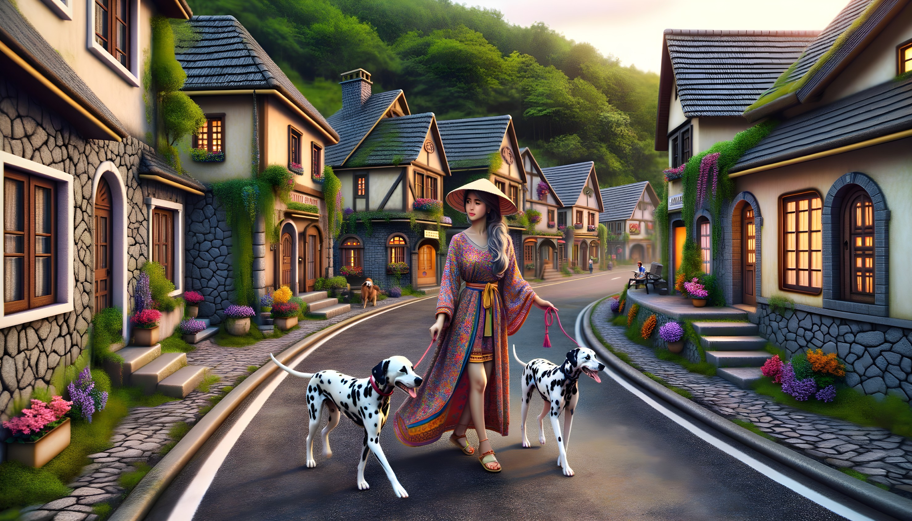 Woman in Colorful Dress Walks Dalmatians in Quaint Village Street at Dusk